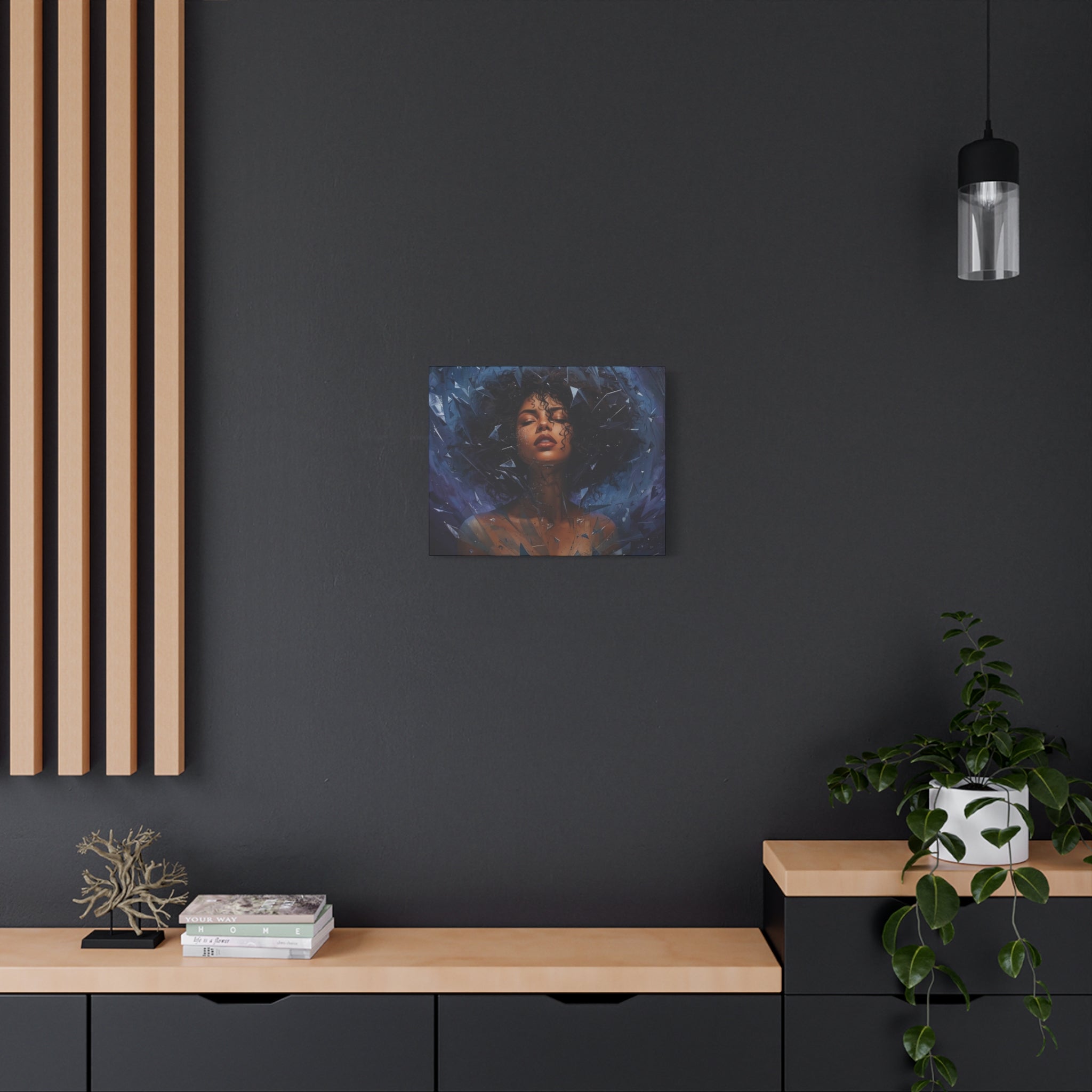 Portrait Canvas Print – Shattered Moonlight: Afro-Hispanic Woman in Indigo, Matte Stretched Wall Art