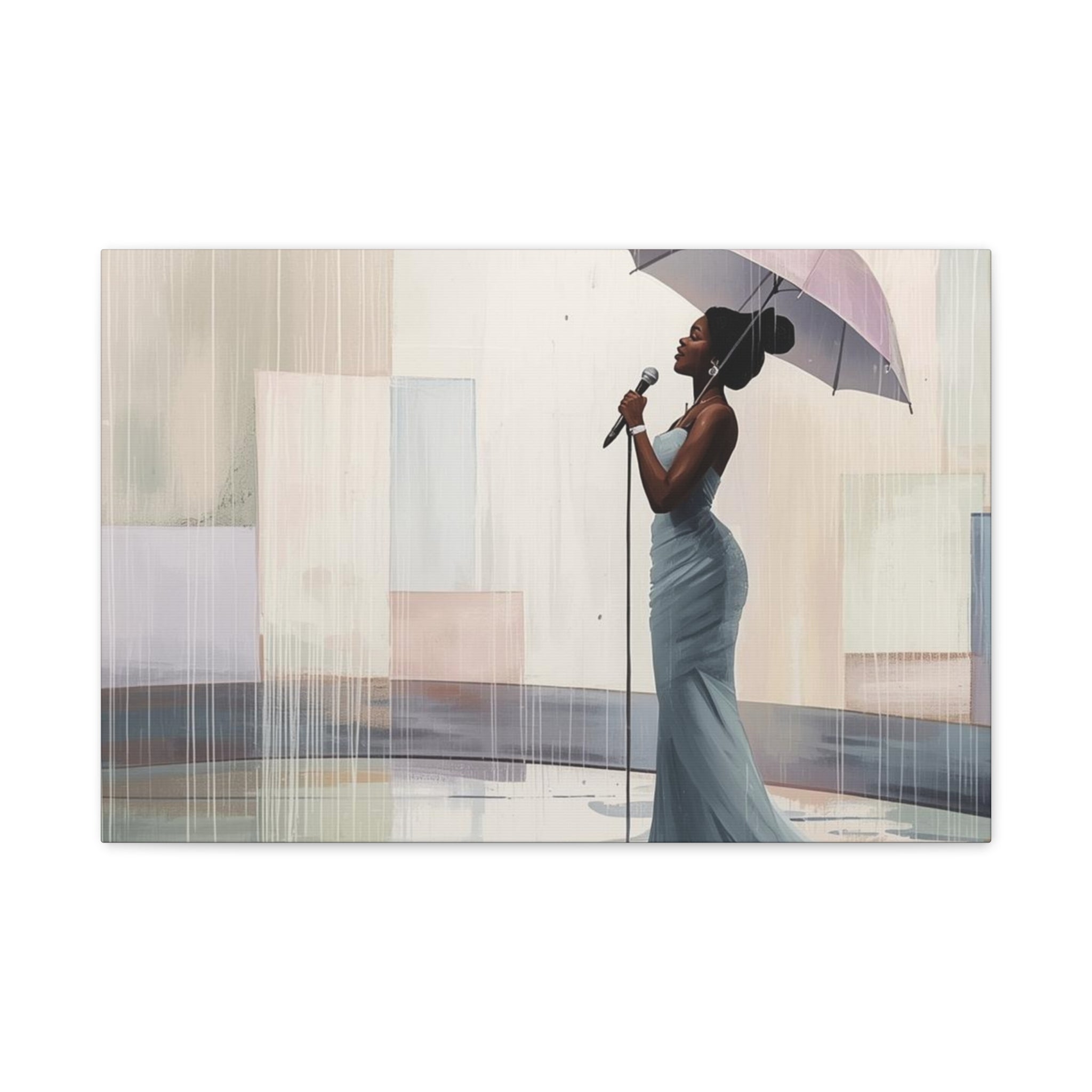 Canvas Print – Soulful Elegance: Singer in Rain with Umbrella, Matte Stretched Wall Art