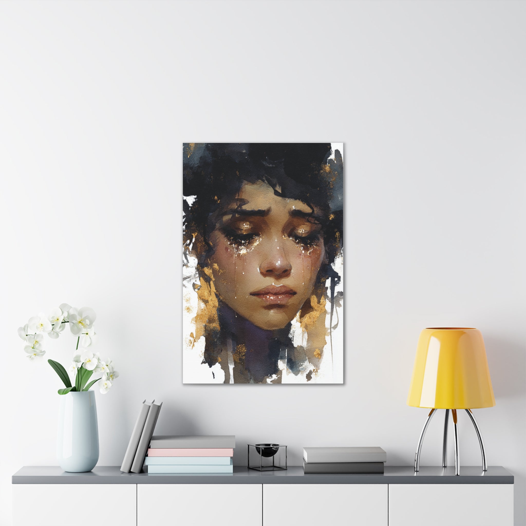 Weight of Her Tears | Emotional Watercolor Portrait Canvas