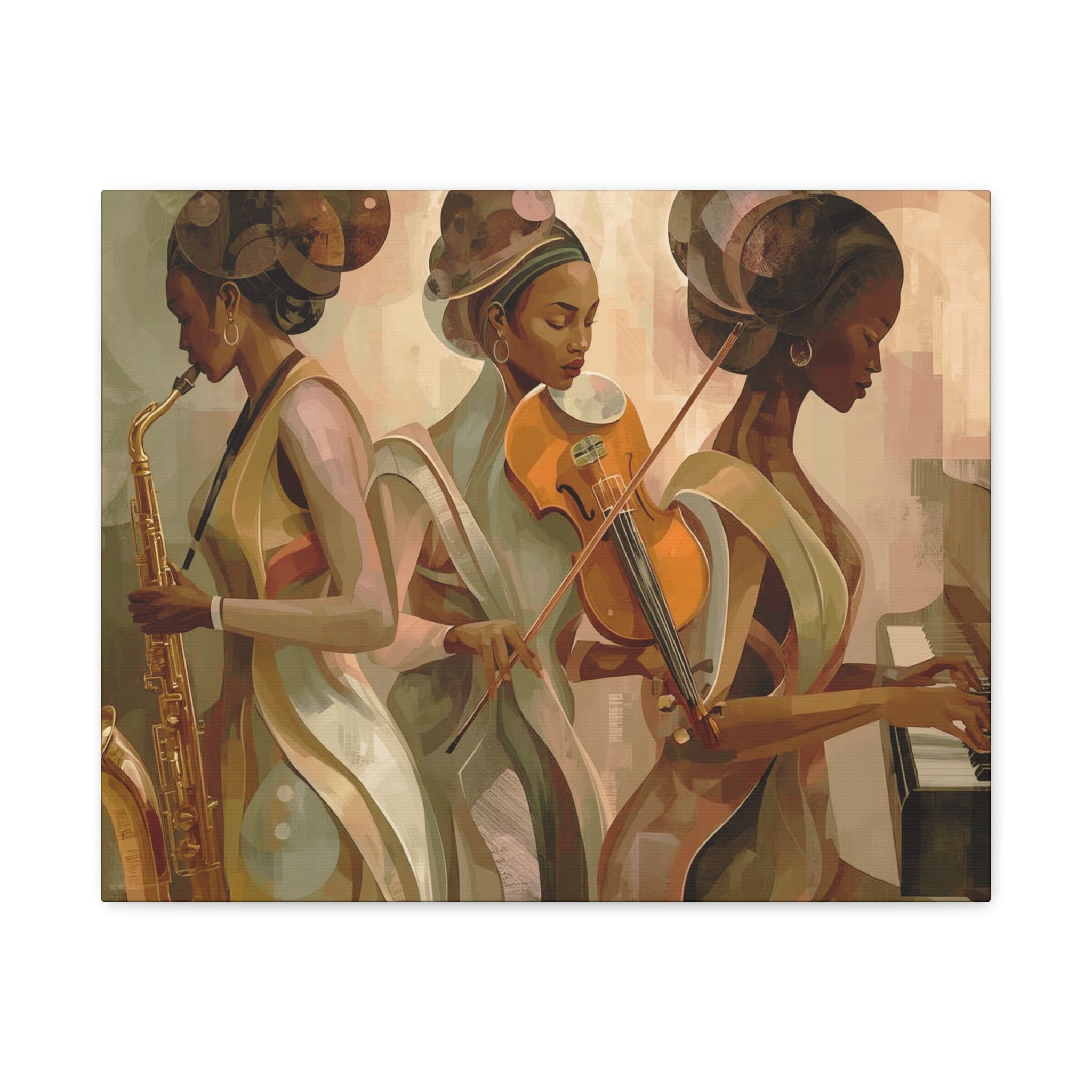 Jazz Trio Canvas Wall Art — Elegant Female Musicians Sax Violin Piano Matte Stretched Print