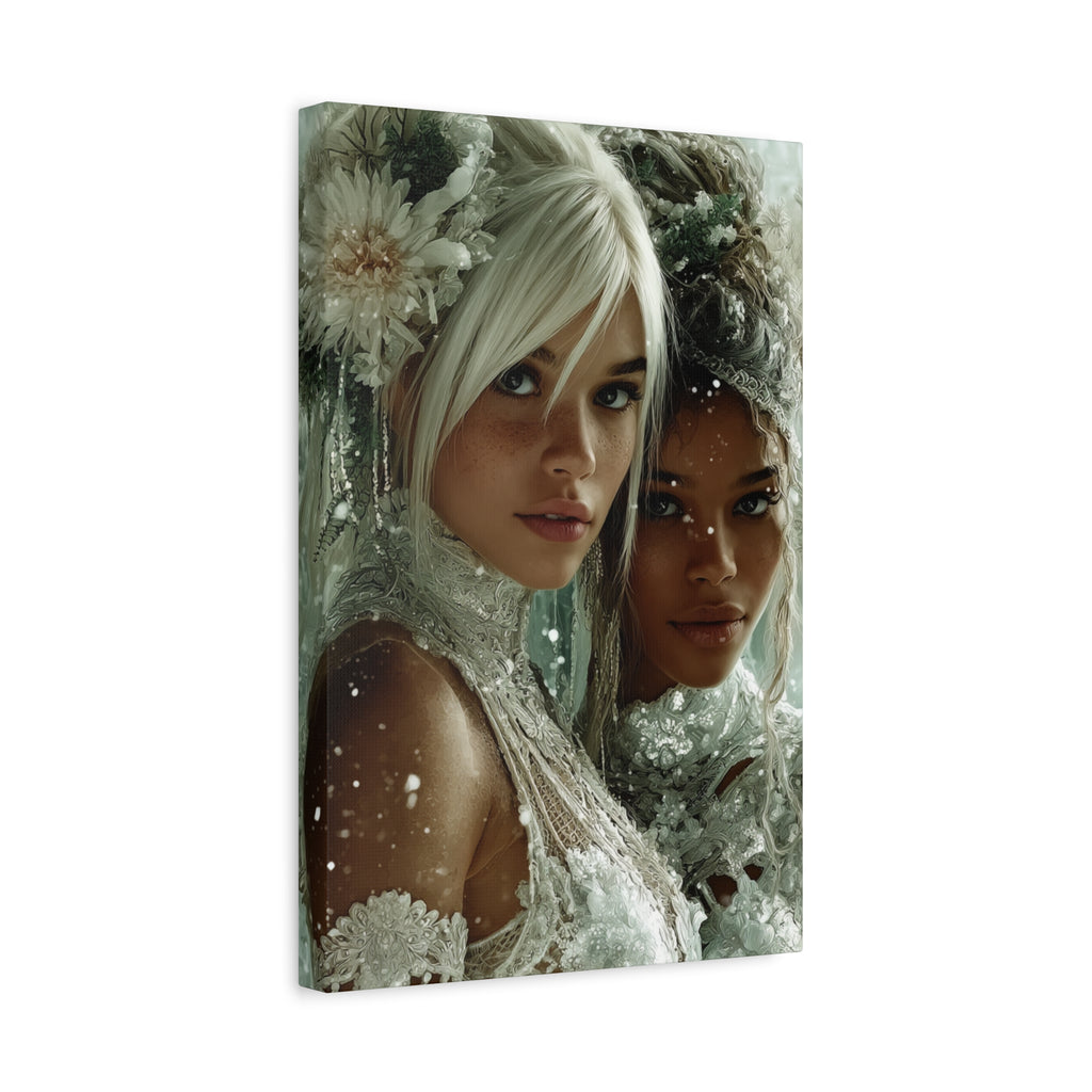Winter Bloom: Dual Divinity Matte Canvas Print — Ethereal Portrait Wall Art