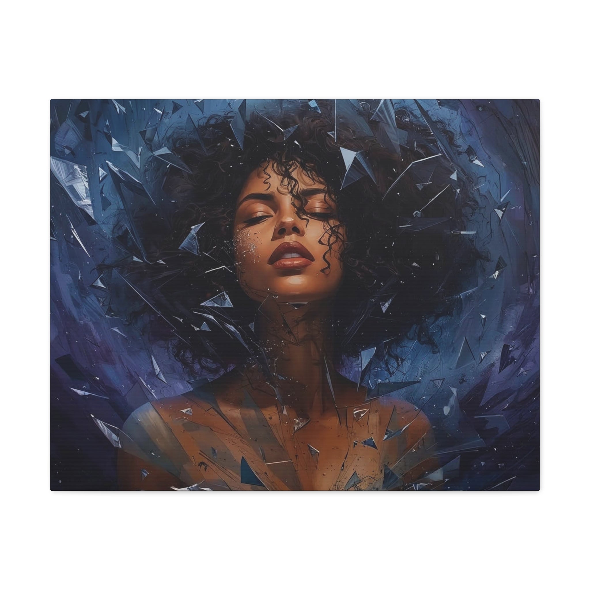 Portrait Canvas Print – Shattered Moonlight: Afro-Hispanic Woman in Indigo, Matte Stretched Wall Art