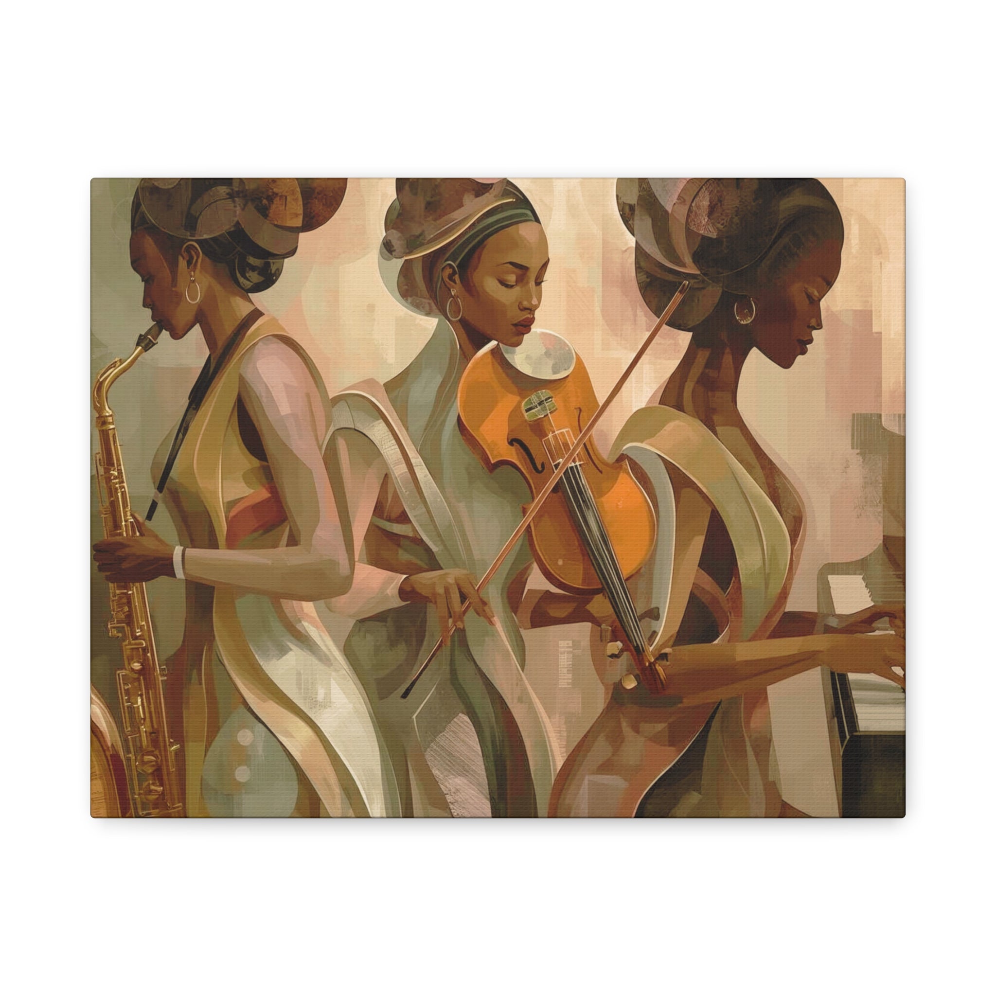Jazz Trio Canvas Wall Art — Elegant Female Musicians Sax Violin Piano Matte Stretched Print