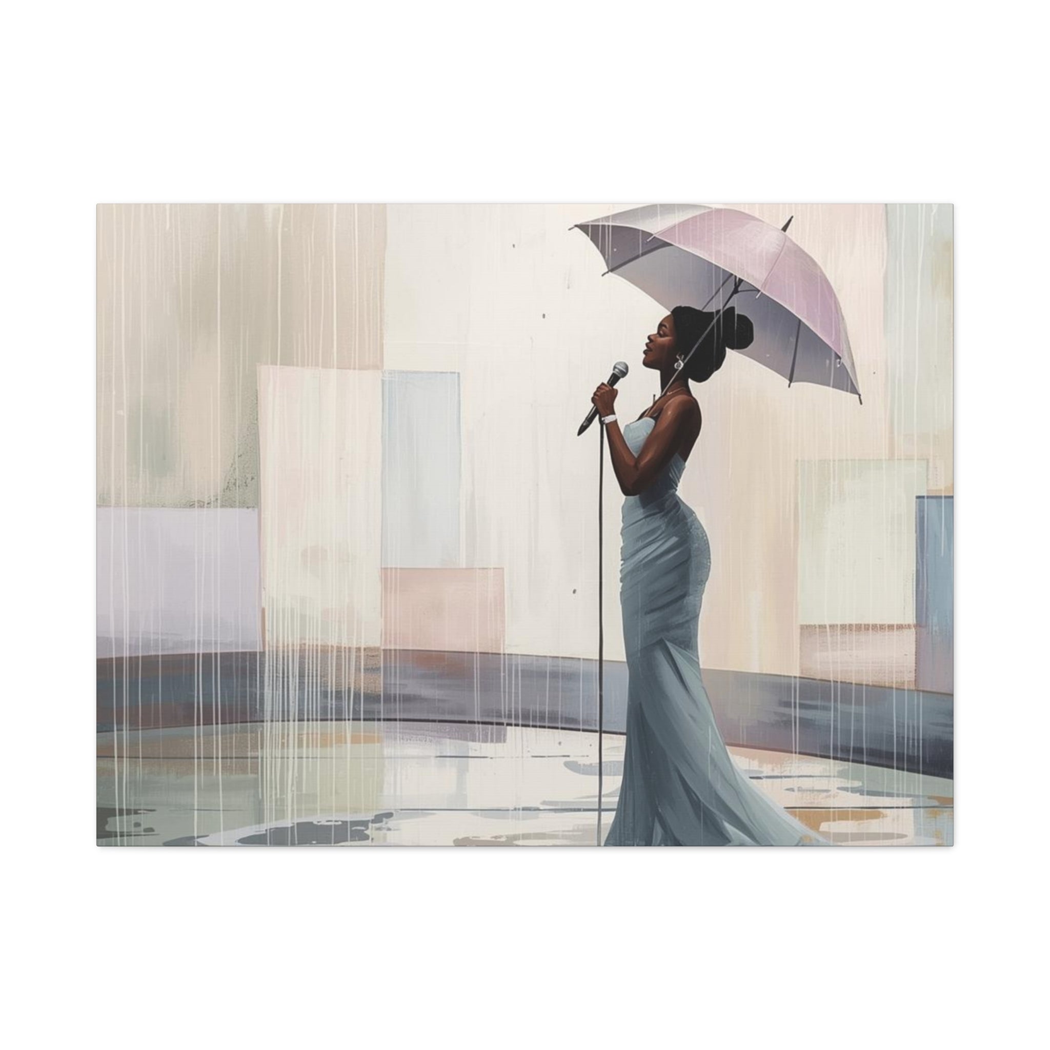 Canvas Print – Soulful Elegance: Singer in Rain with Umbrella, Matte Stretched Wall Art