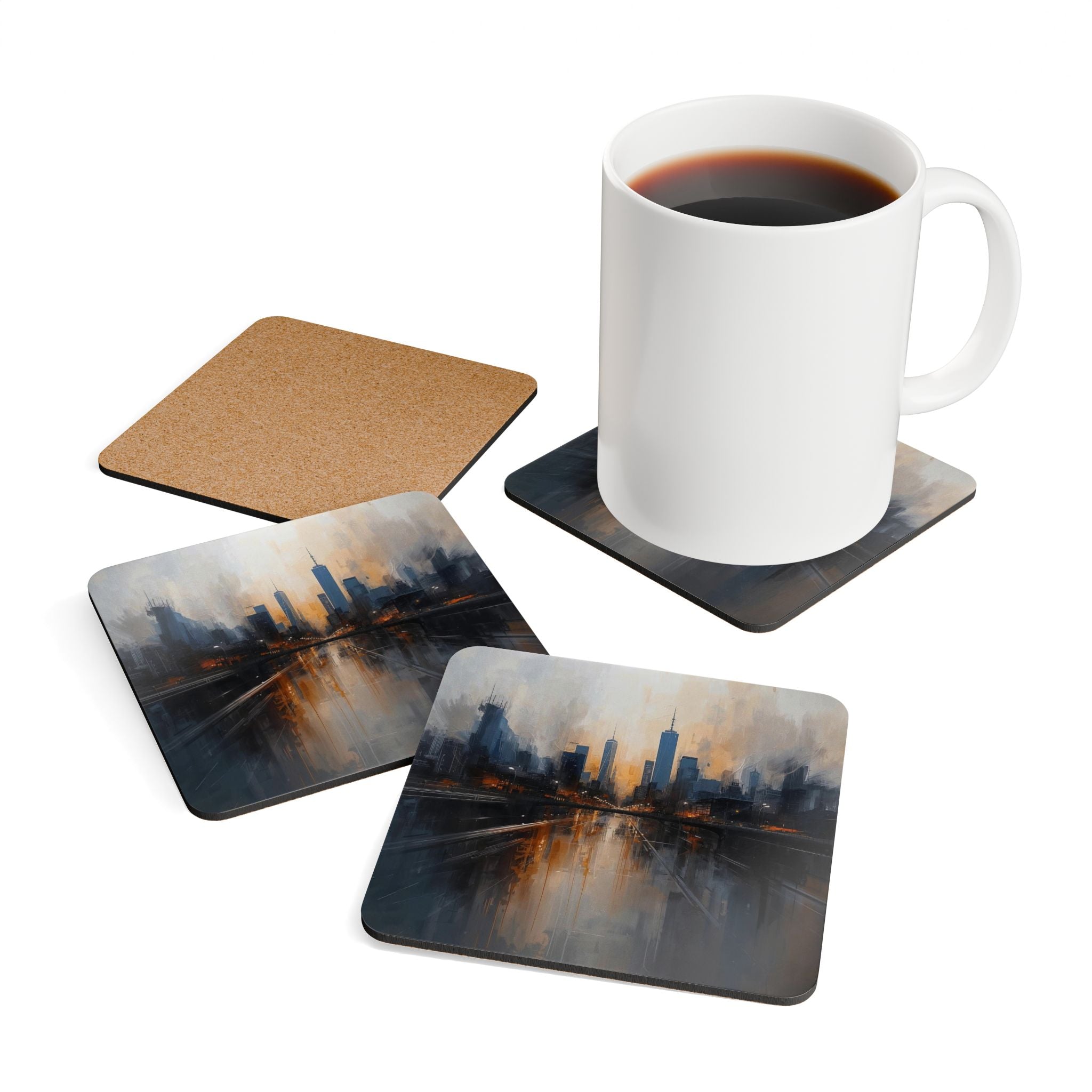 Cityscape Cork Coaster Set — Abstract Urban Skyline Drink Coasters
