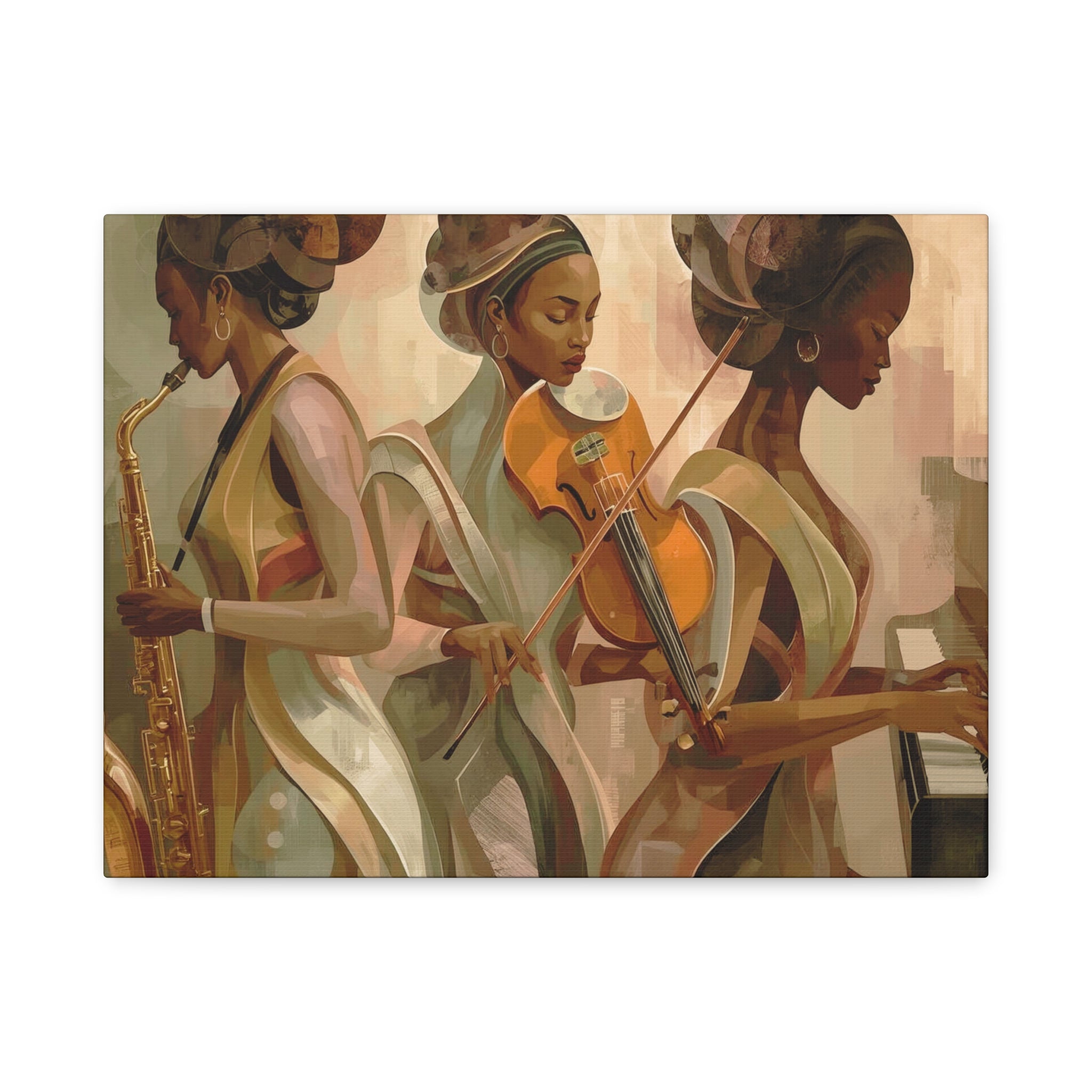 Jazz Trio Canvas Wall Art — Elegant Female Musicians Sax Violin Piano Matte Stretched Print