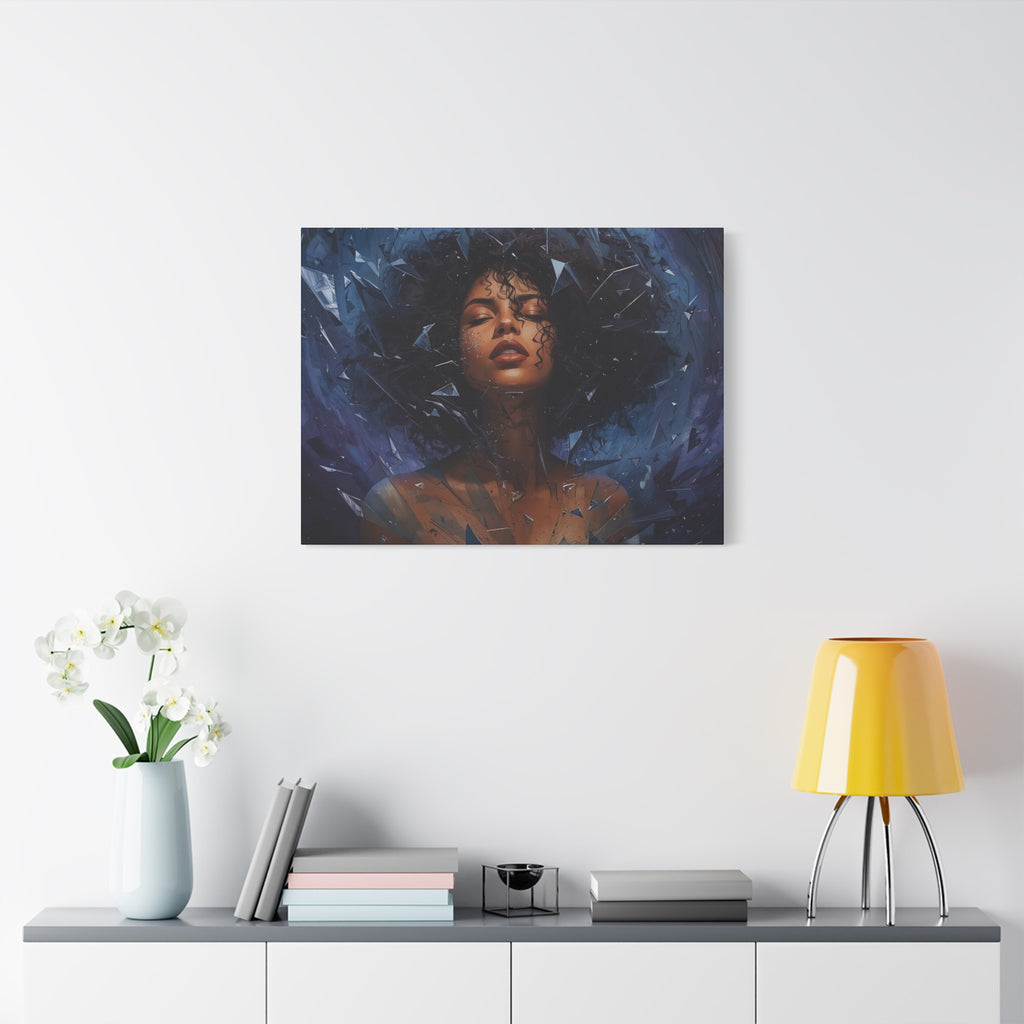Portrait Canvas Print – Shattered Moonlight: Afro-Hispanic Woman in Indigo, Matte Stretched Wall Art