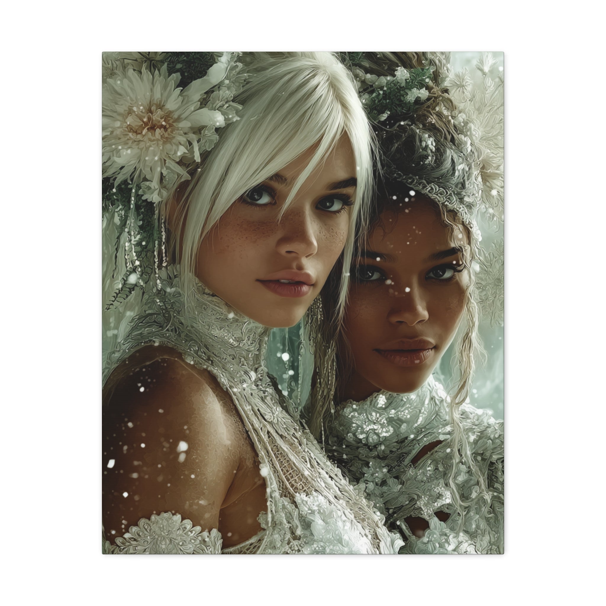 Winter Bloom: Dual Divinity Matte Canvas Print — Ethereal Portrait Wall Art