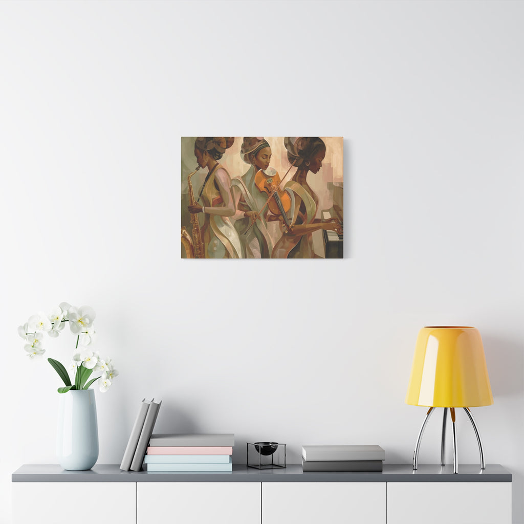 Jazz Trio Canvas Wall Art — Elegant Female Musicians Sax Violin Piano Matte Stretched Print