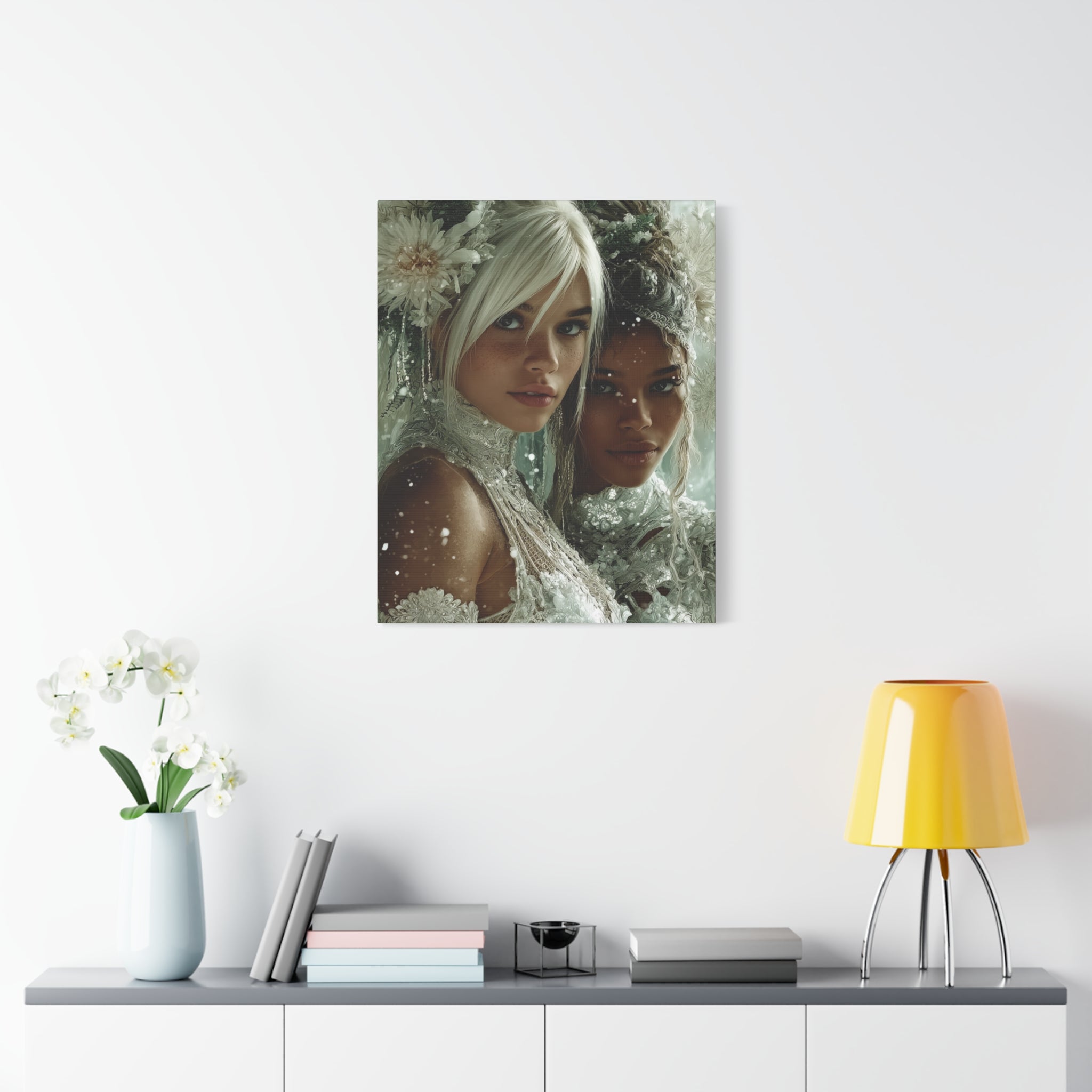 Winter Bloom: Dual Divinity Matte Canvas Print — Ethereal Portrait Wall Art