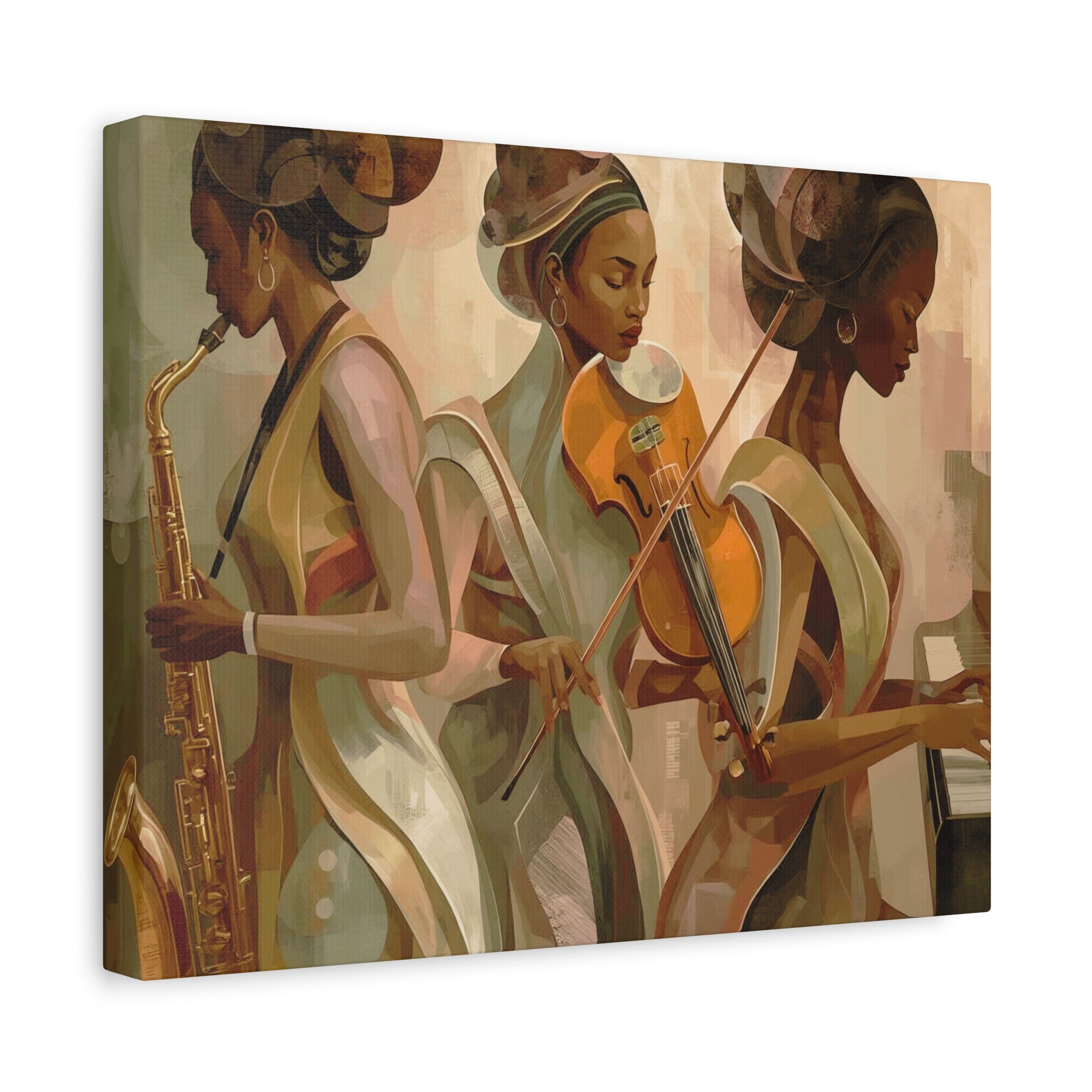 Jazz Trio Canvas Wall Art — Elegant Female Musicians Sax Violin Piano Matte Stretched Print