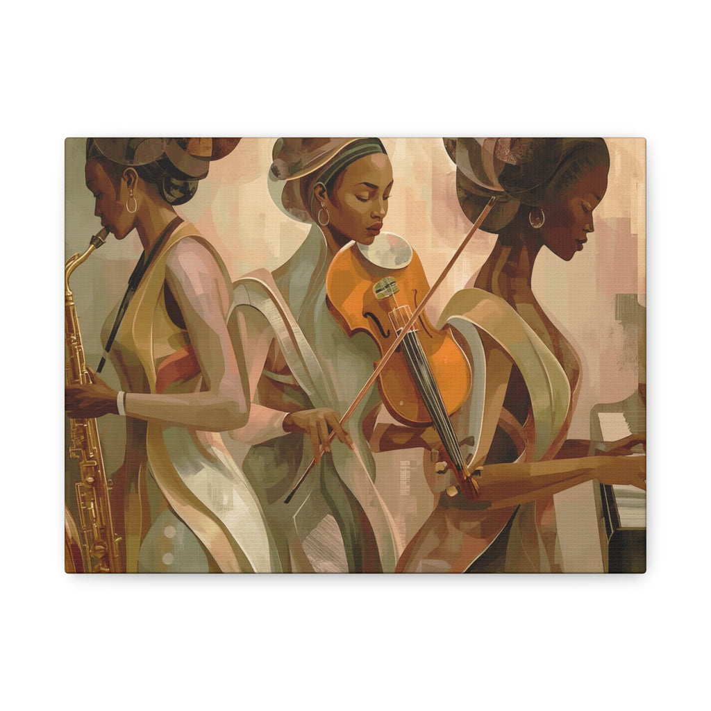 Jazz Trio Canvas Wall Art — Elegant Female Musicians Sax Violin Piano Matte Stretched Print