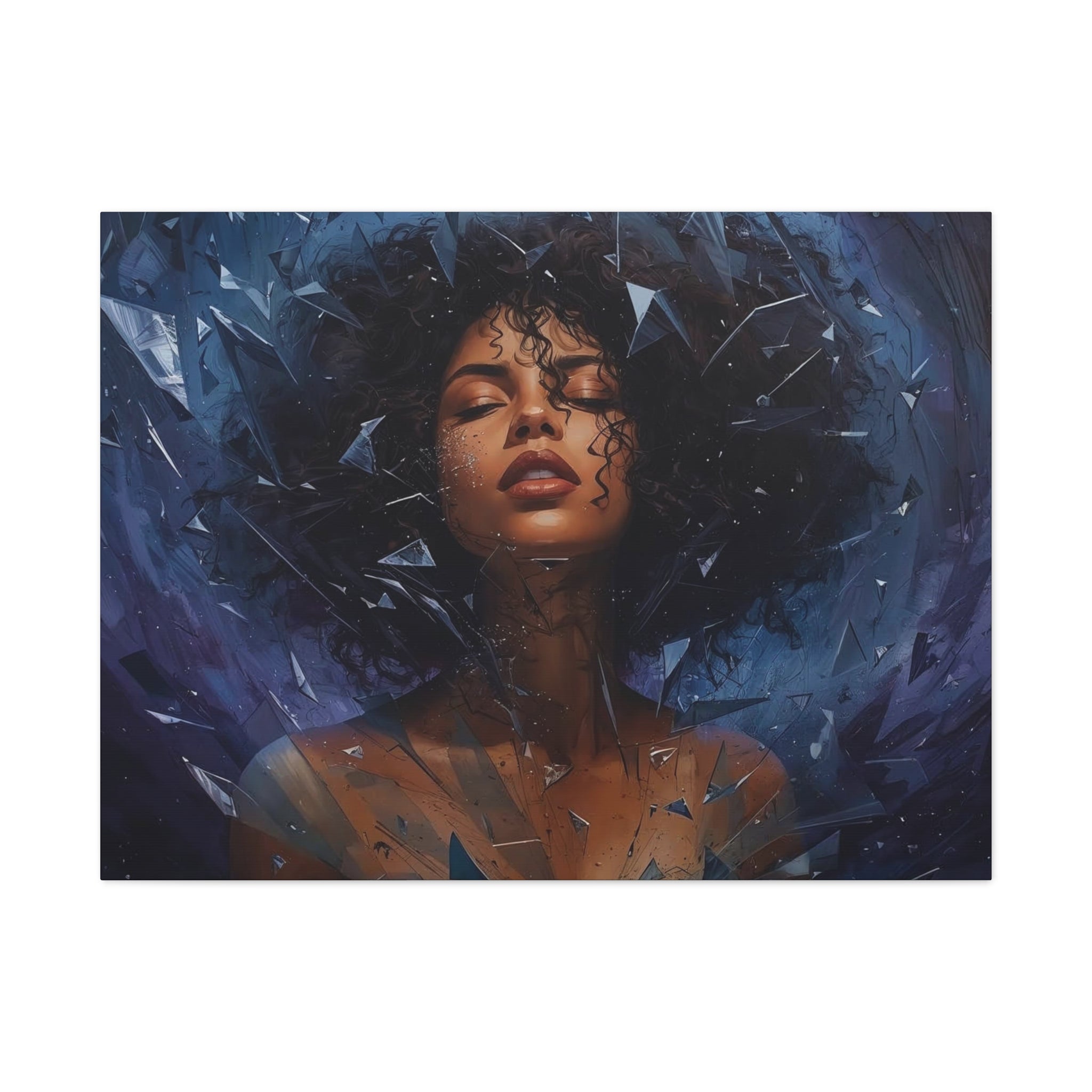 Portrait Canvas Print – Shattered Moonlight: Afro-Hispanic Woman in Indigo, Matte Stretched Wall Art