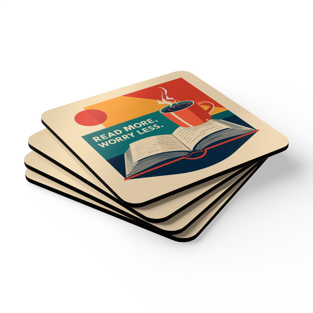 Coaster Set — "Read More, Worry Less" Retro Book & Coffee Cork Coasters