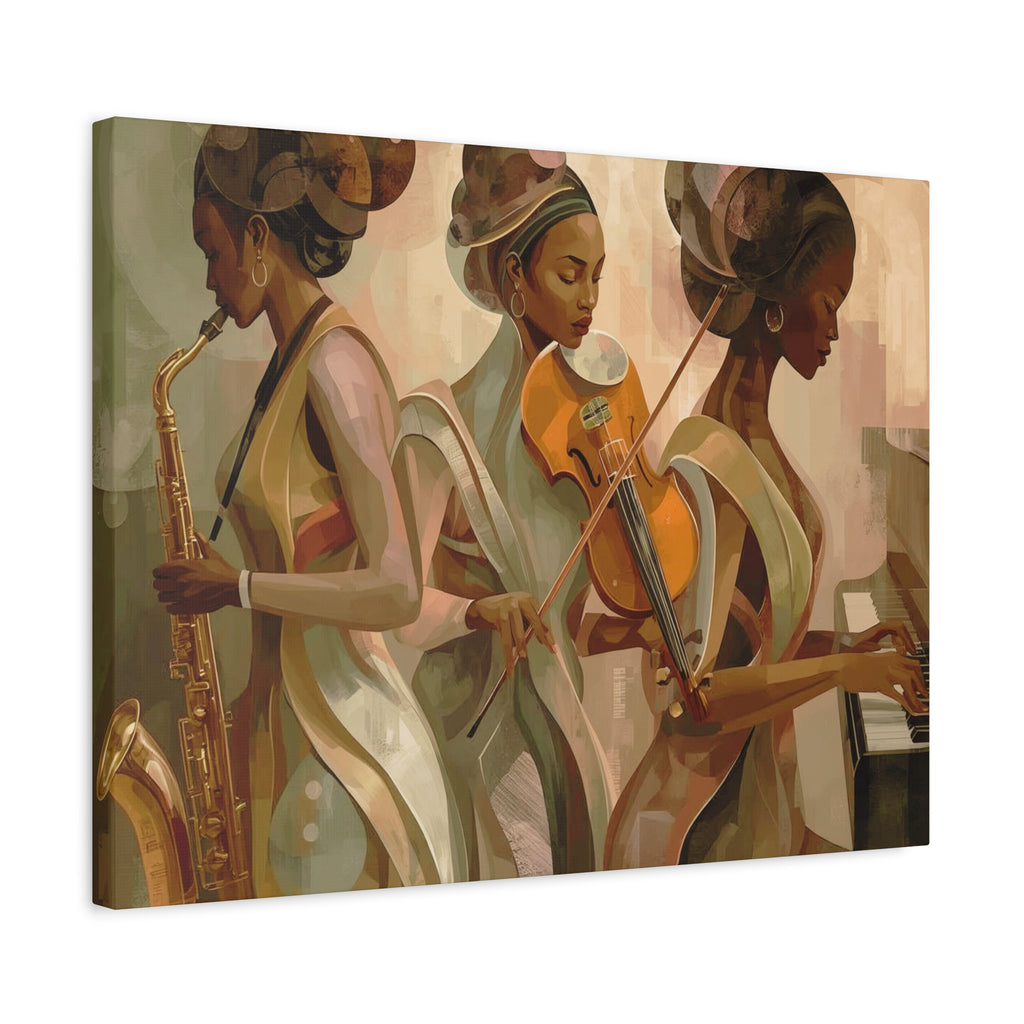 Jazz Trio Canvas Wall Art — Elegant Female Musicians Sax Violin Piano Matte Stretched Print
