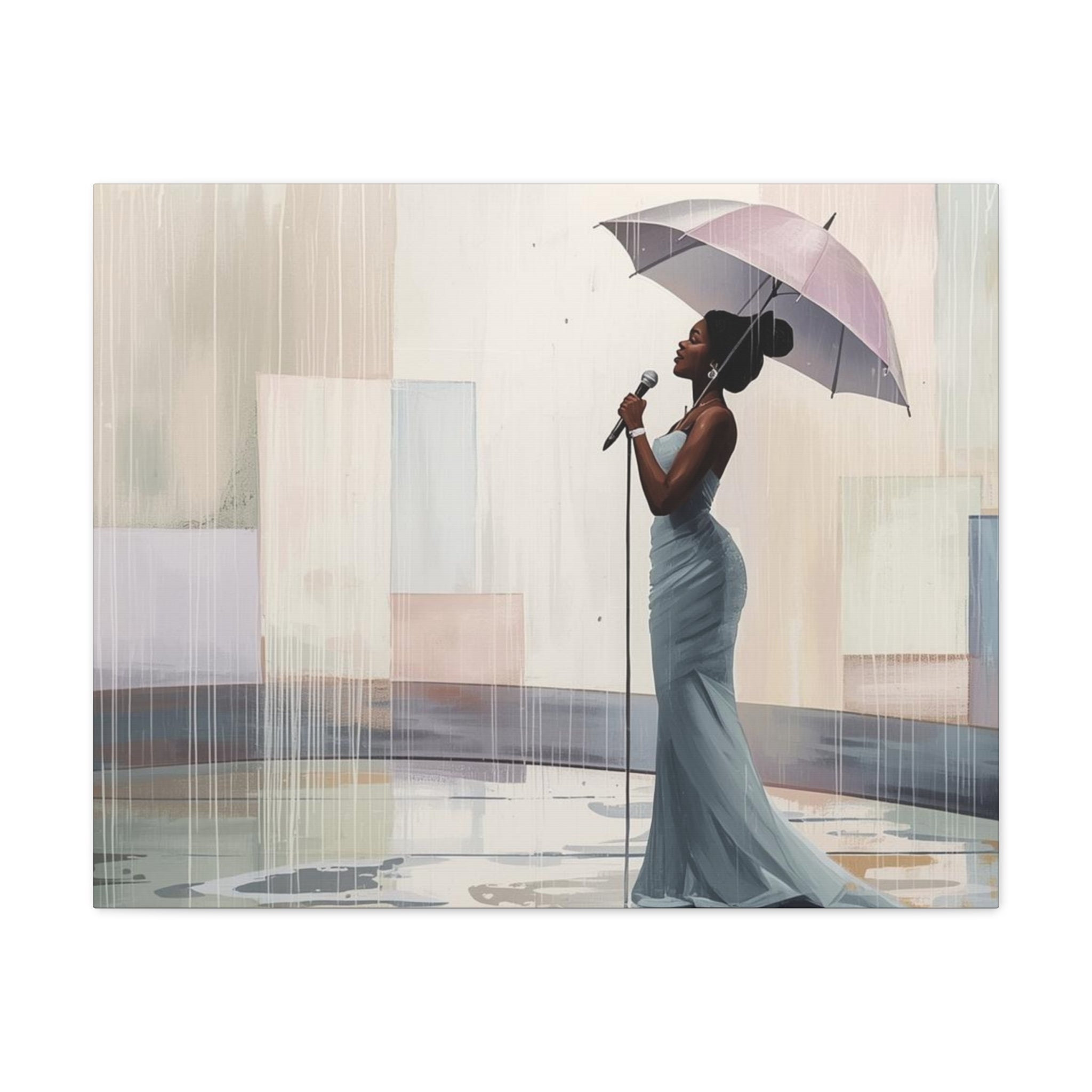Canvas Print – Soulful Elegance: Singer in Rain with Umbrella, Matte Stretched Wall Art