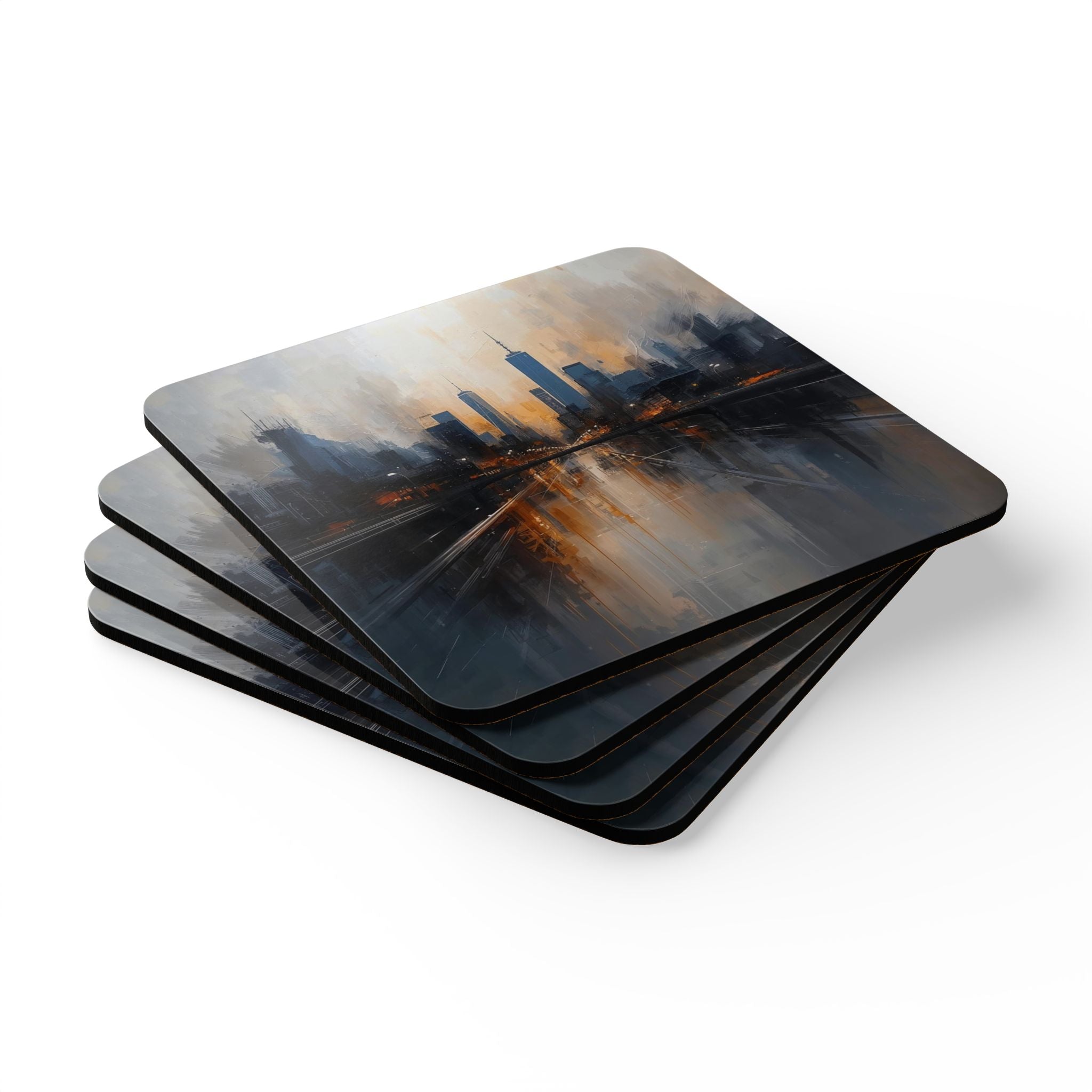 Cityscape Cork Coaster Set — Abstract Urban Skyline Drink Coasters