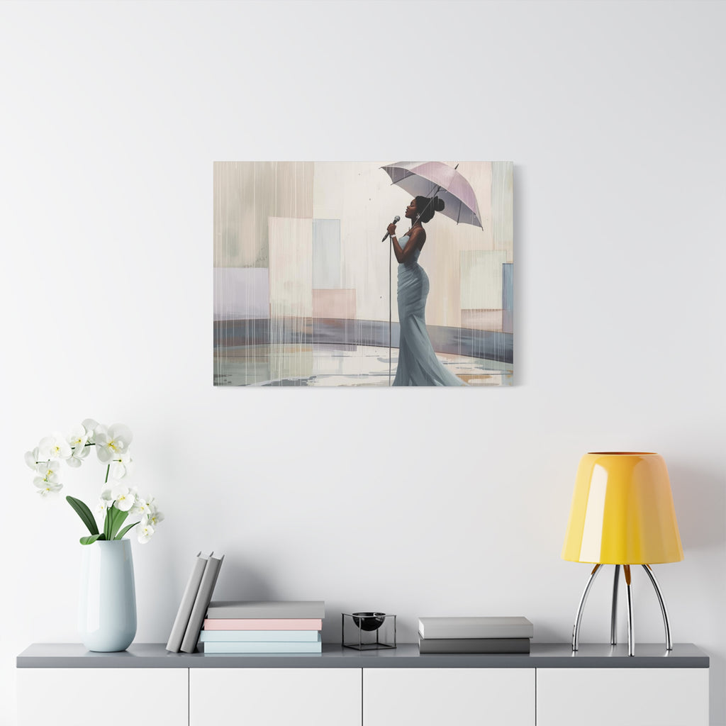Canvas Print – Soulful Elegance: Singer in Rain with Umbrella, Matte Stretched Wall Art