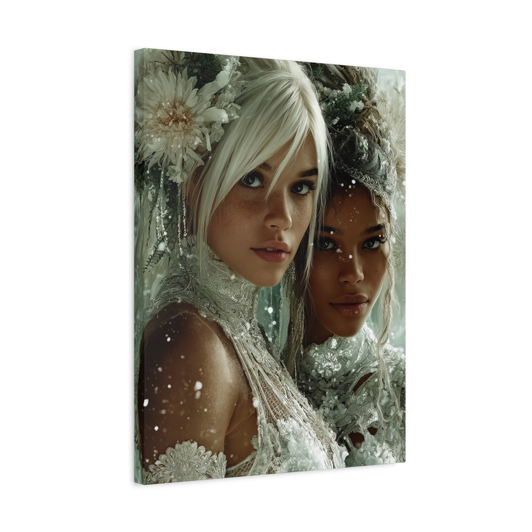 Winter Bloom: Dual Divinity Matte Canvas Print — Ethereal Portrait Wall Art