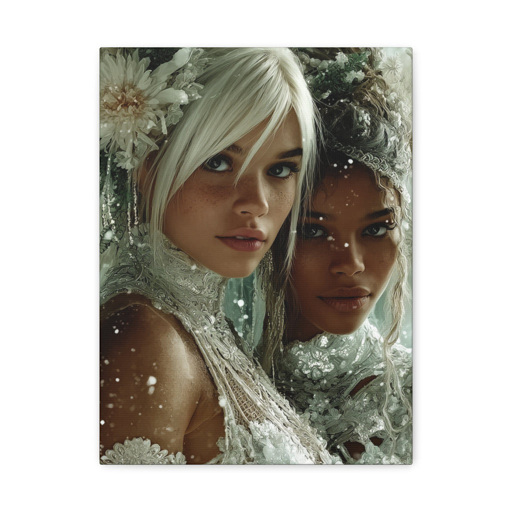Winter Bloom: Dual Divinity Matte Canvas Print — Ethereal Portrait Wall Art