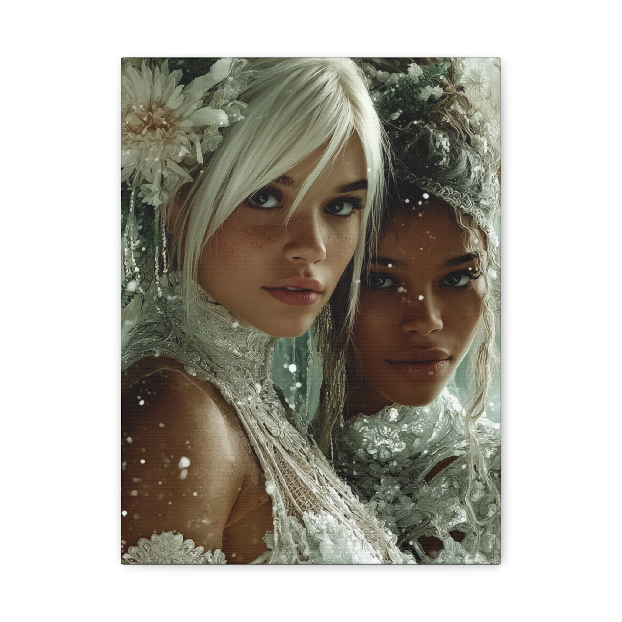 Winter Bloom: Dual Divinity Matte Canvas Print — Ethereal Portrait Wall Art
