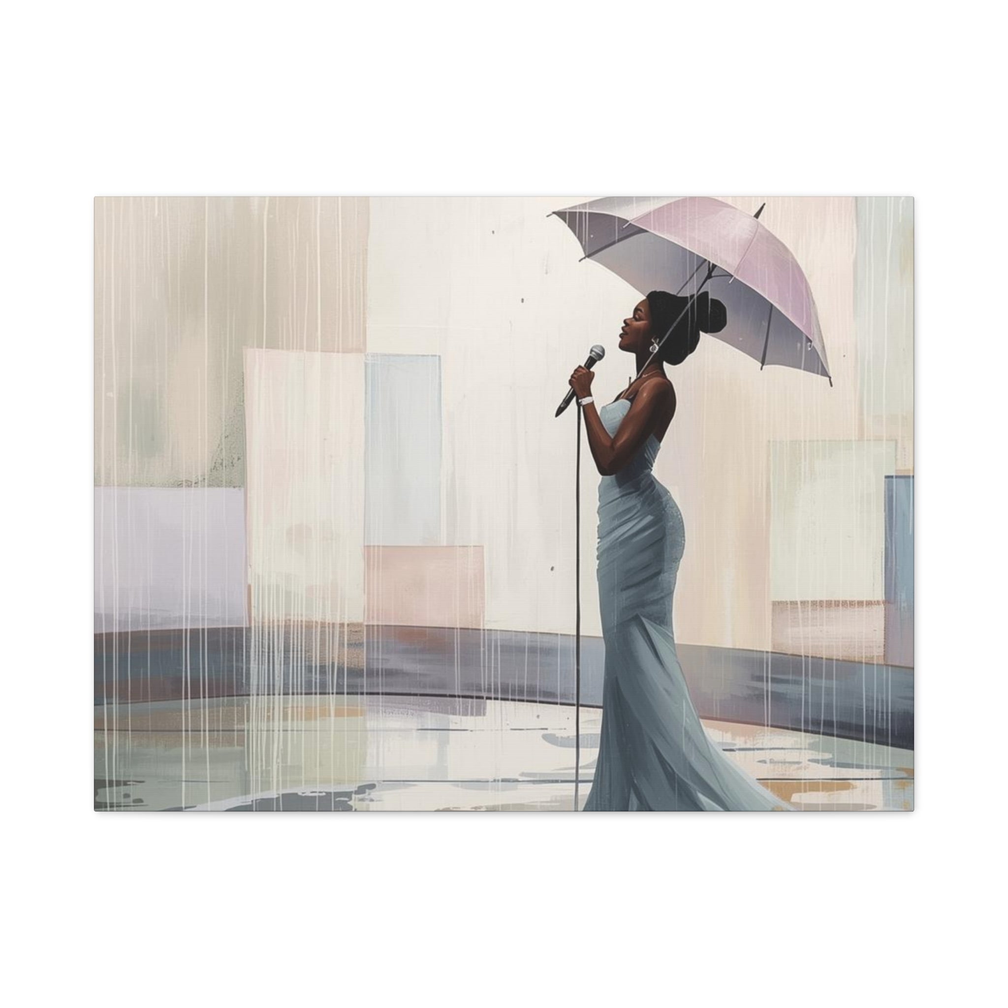 Canvas Print – Soulful Elegance: Singer in Rain with Umbrella, Matte Stretched Wall Art