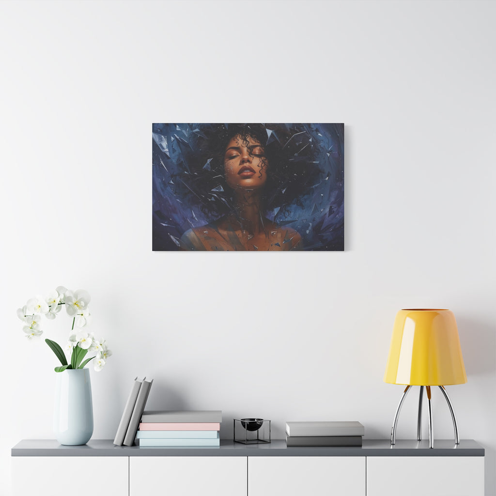 Portrait Canvas Print – Shattered Moonlight: Afro-Hispanic Woman in Indigo, Matte Stretched Wall Art