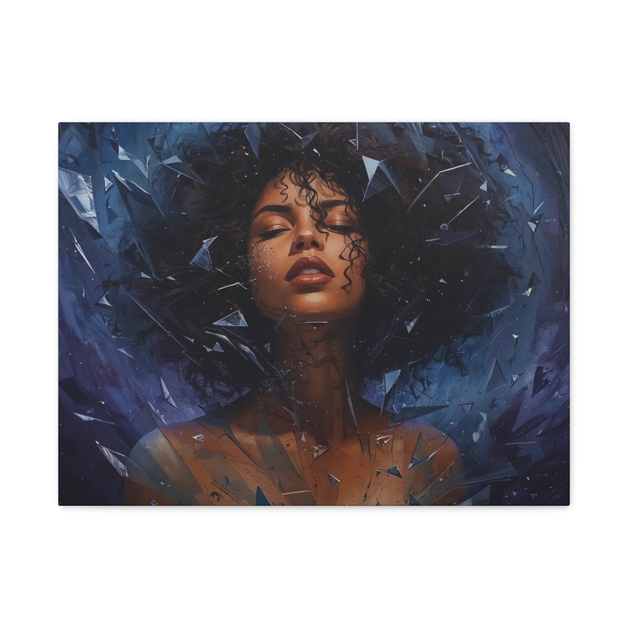 Portrait Canvas Print – Shattered Moonlight: Afro-Hispanic Woman in Indigo, Matte Stretched Wall Art