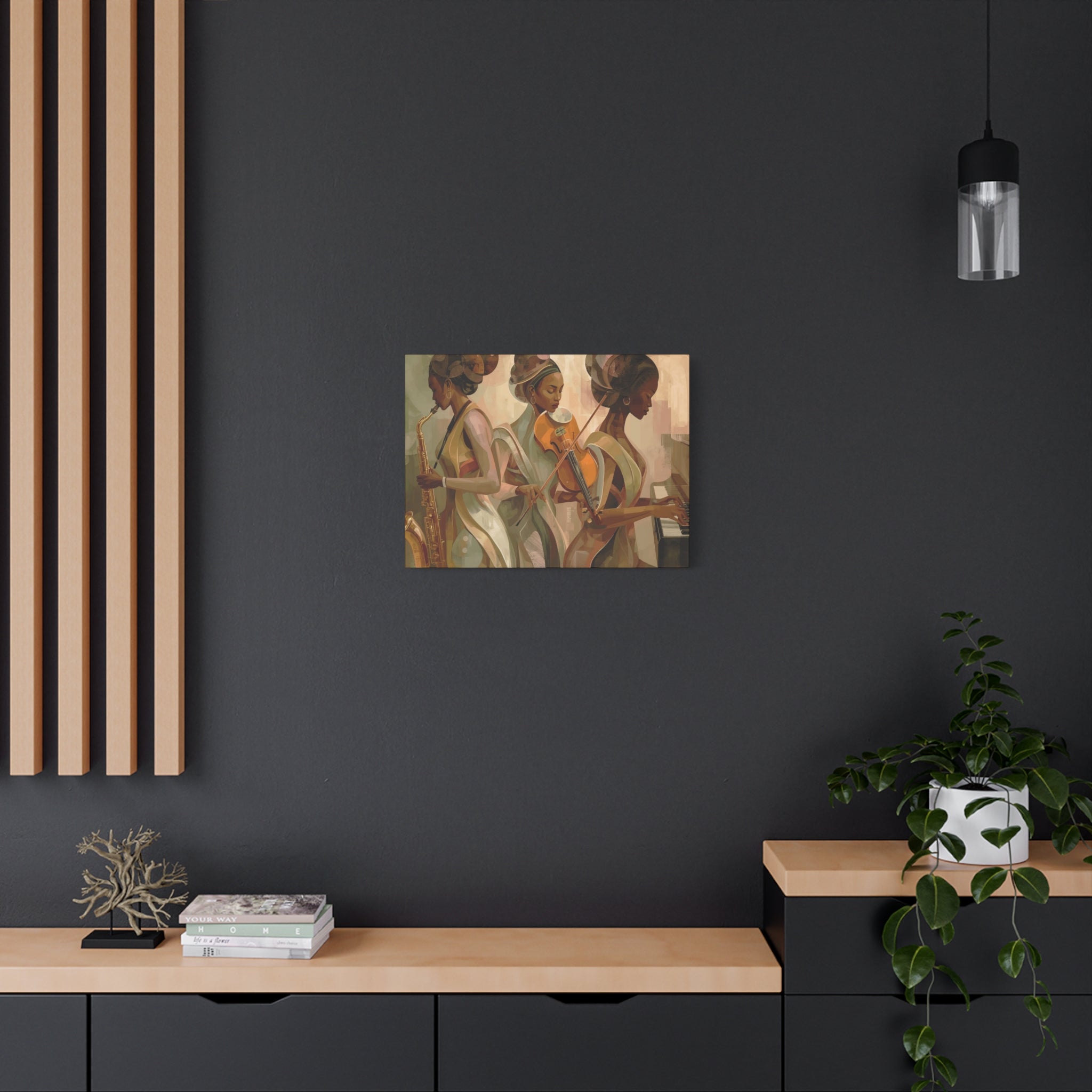 Jazz Trio Canvas Wall Art — Elegant Female Musicians Sax Violin Piano Matte Stretched Print