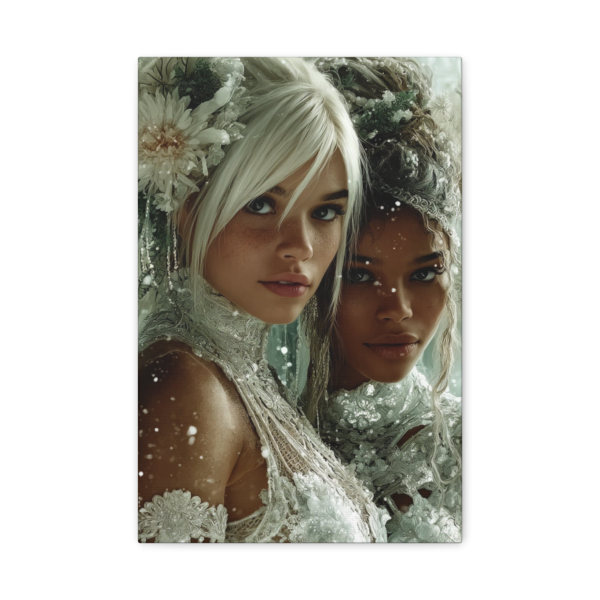 Winter Bloom: Dual Divinity Matte Canvas Print — Ethereal Portrait Wall Art