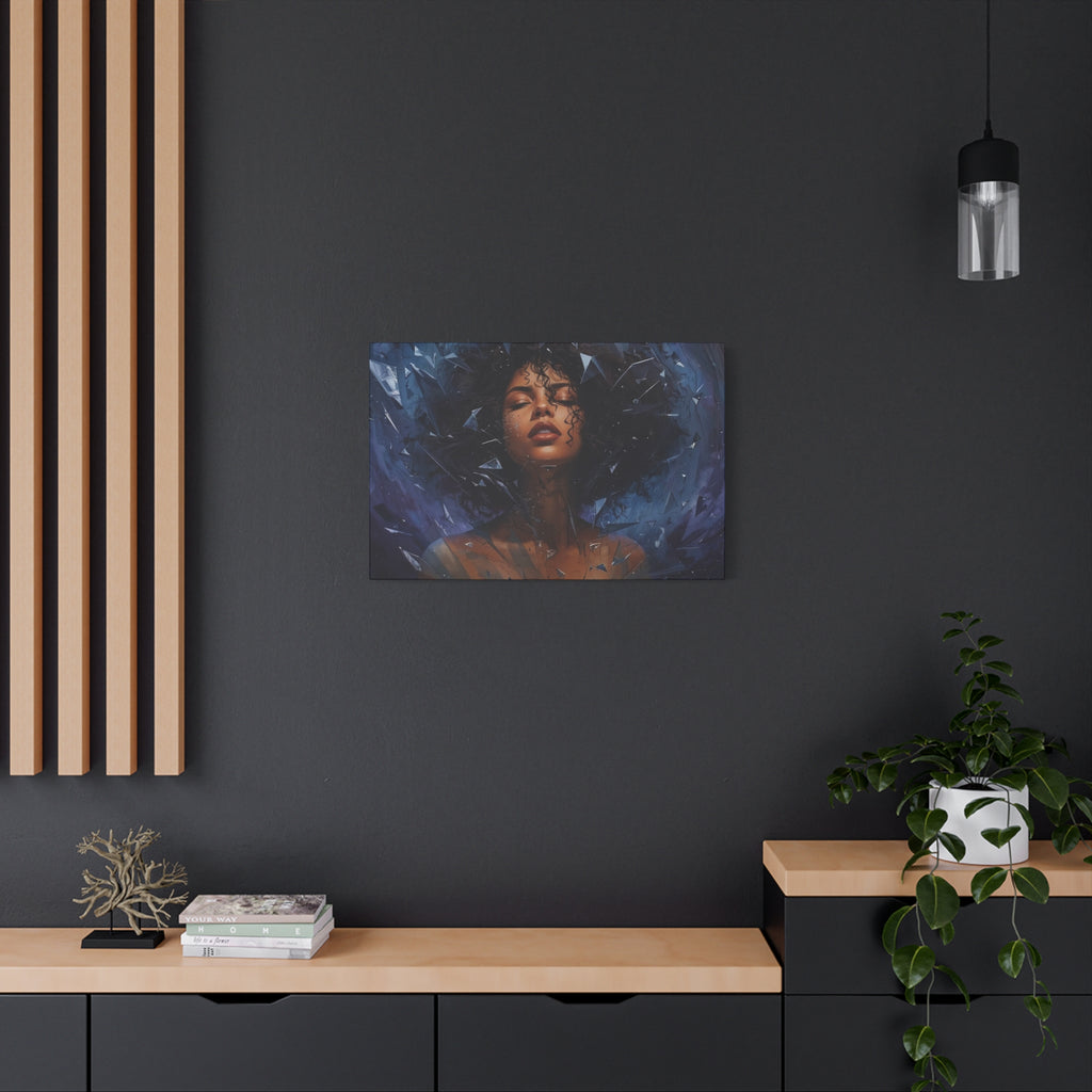 Portrait Canvas Print – Shattered Moonlight: Afro-Hispanic Woman in Indigo, Matte Stretched Wall Art
