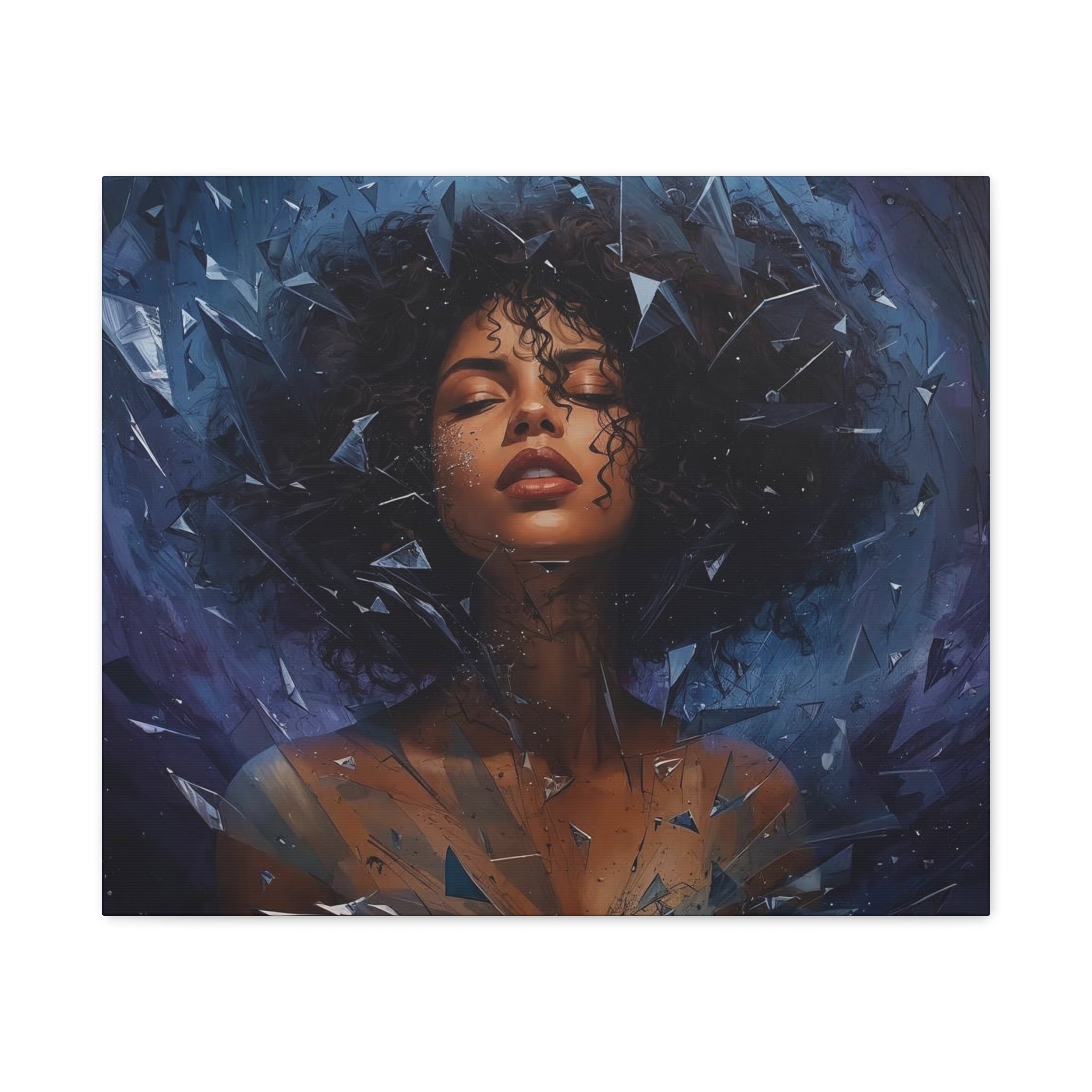 Portrait Canvas Print – Shattered Moonlight: Afro-Hispanic Woman in Indigo, Matte Stretched Wall Art