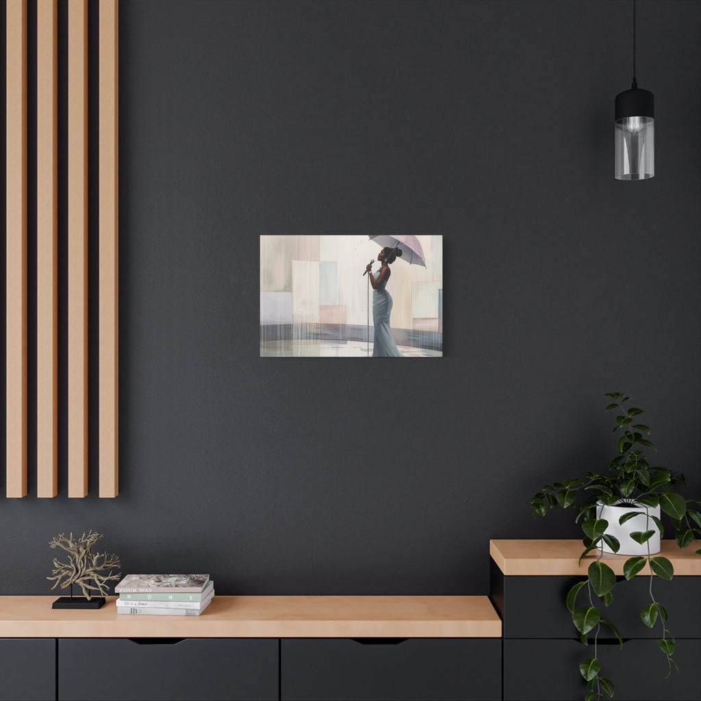 Canvas Print – Soulful Elegance: Singer in Rain with Umbrella, Matte Stretched Wall Art