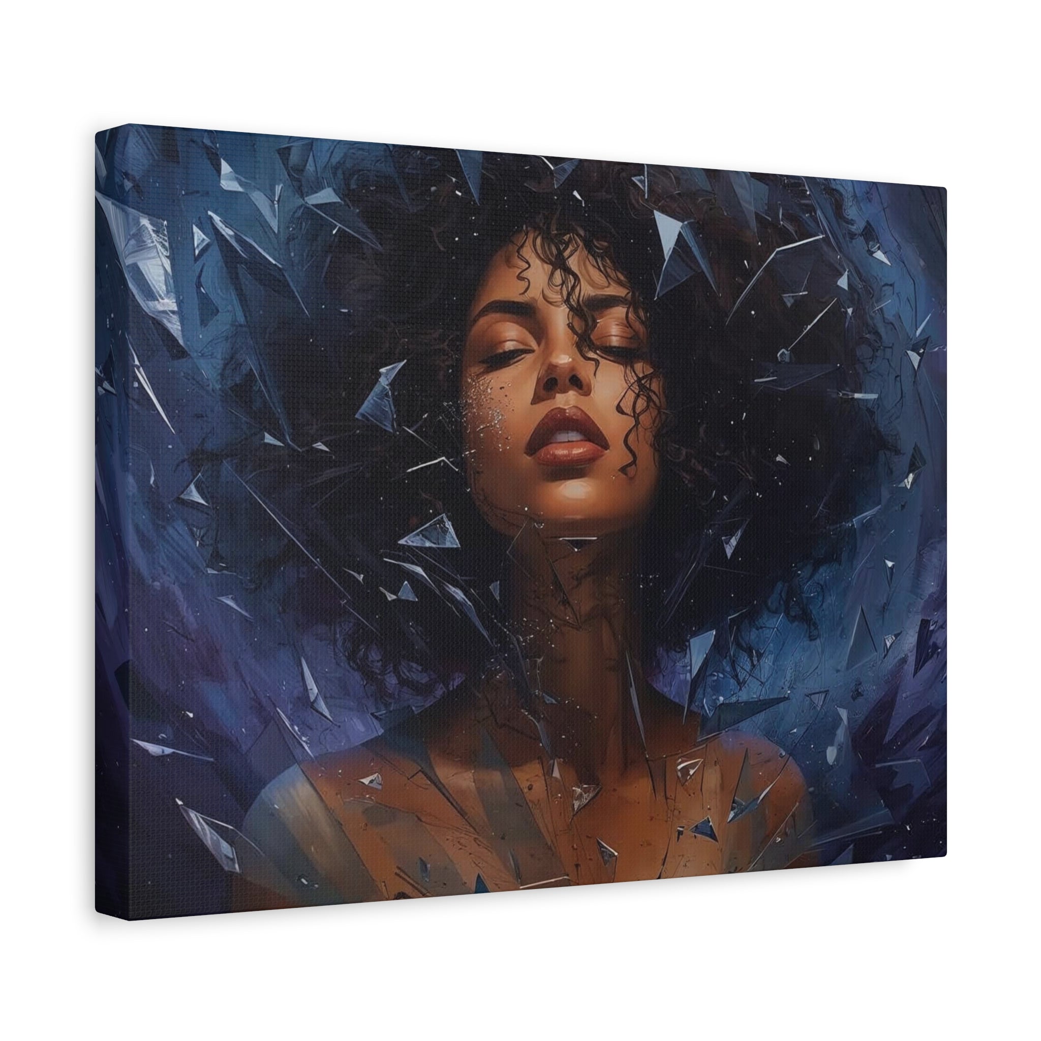 Portrait Canvas Print – Shattered Moonlight: Afro-Hispanic Woman in Indigo, Matte Stretched Wall Art