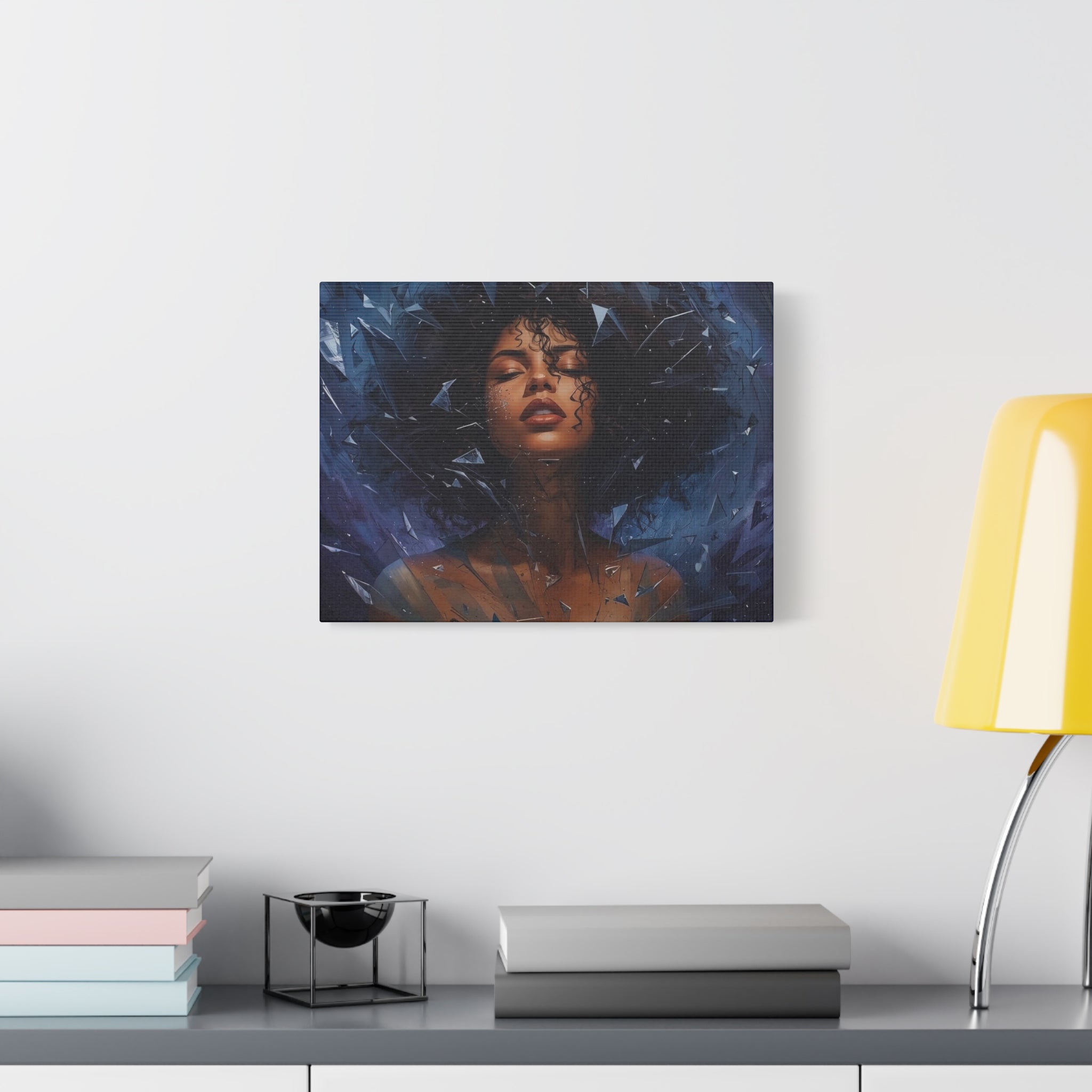 Portrait Canvas Print – Shattered Moonlight: Afro-Hispanic Woman in Indigo, Matte Stretched Wall Art