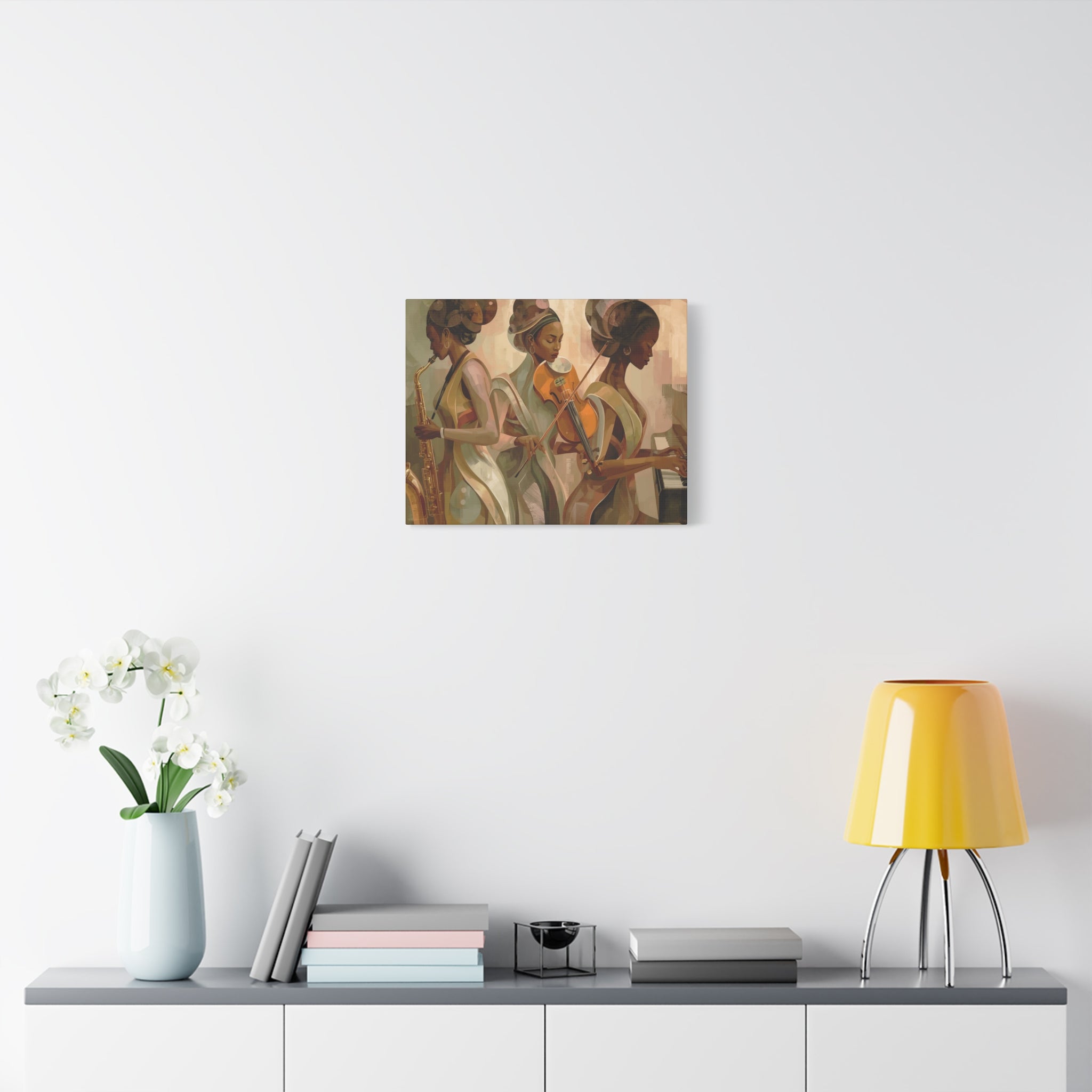 Jazz Trio Canvas Wall Art — Elegant Female Musicians Sax Violin Piano Matte Stretched Print