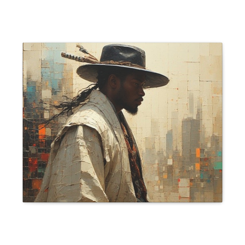 Portrait Canvas Print – Urban Samurai: Afro-American Warrior in a Modern City, Matte Stretched Wall Art