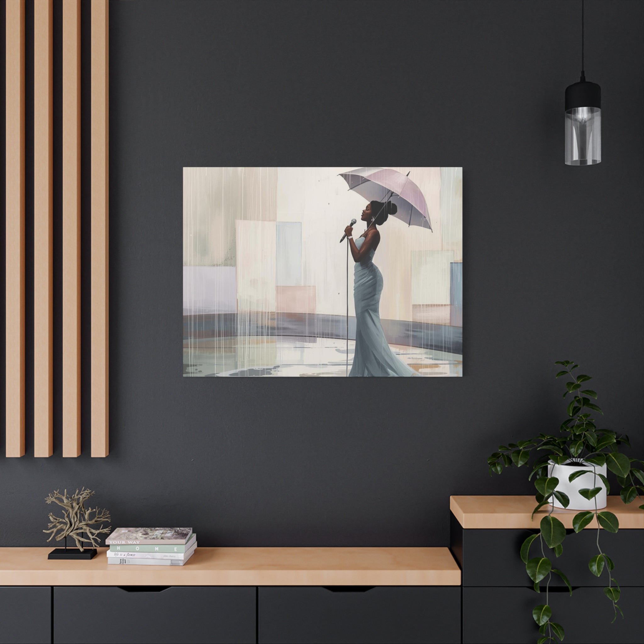 Canvas Print – Soulful Elegance: Singer in Rain with Umbrella, Matte Stretched Wall Art