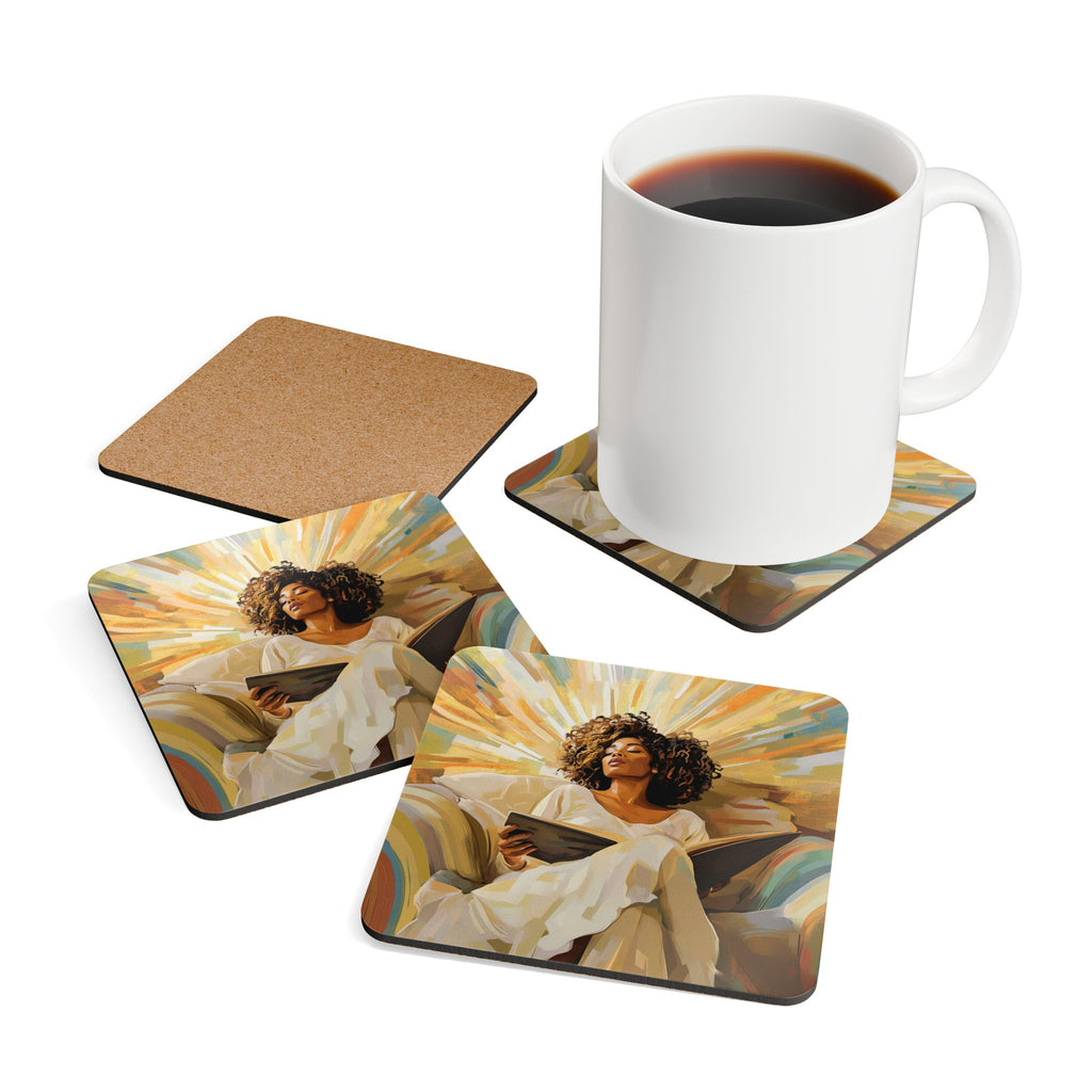 Cork Coaster Set — Sunlit Reading Woman Art Coasters (Set of 4)