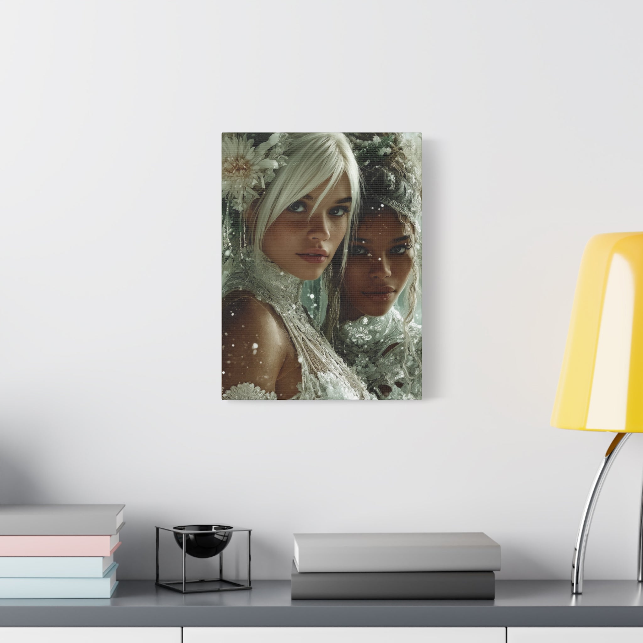 Winter Bloom: Dual Divinity Matte Canvas Print — Ethereal Portrait Wall Art