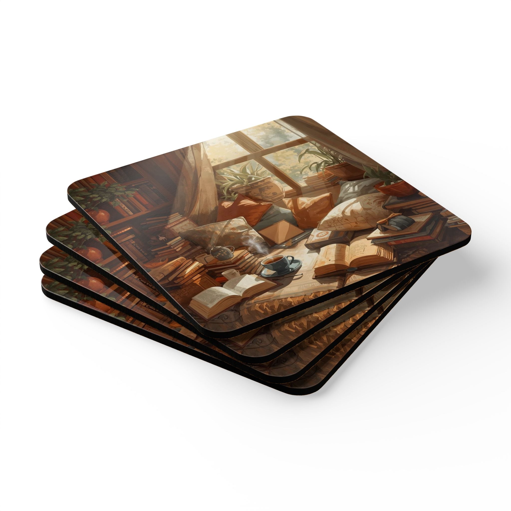 Cozy Reading Nook Cork Coaster Set — Vintage Books & Sunlit Window Art