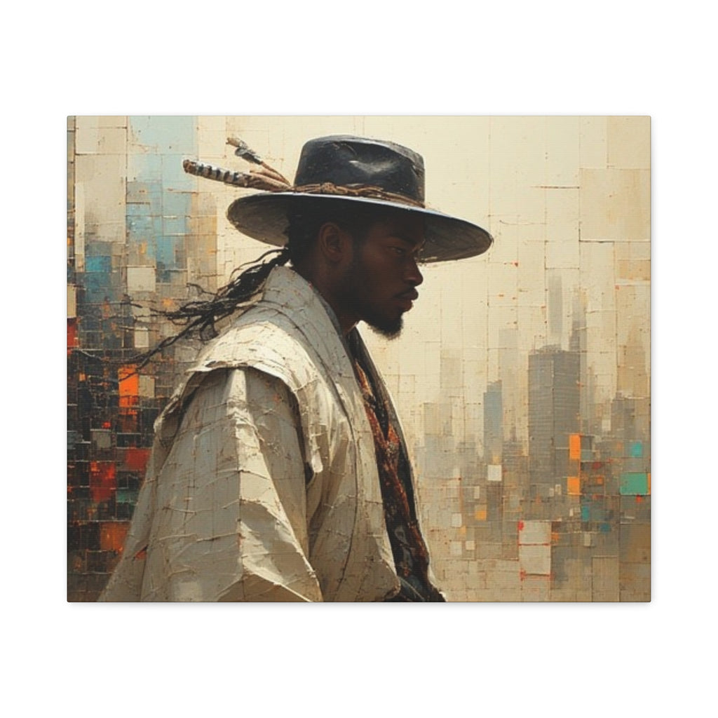 Portrait Canvas Print – Urban Samurai: Afro-American Warrior in a Modern City, Matte Stretched Wall Art