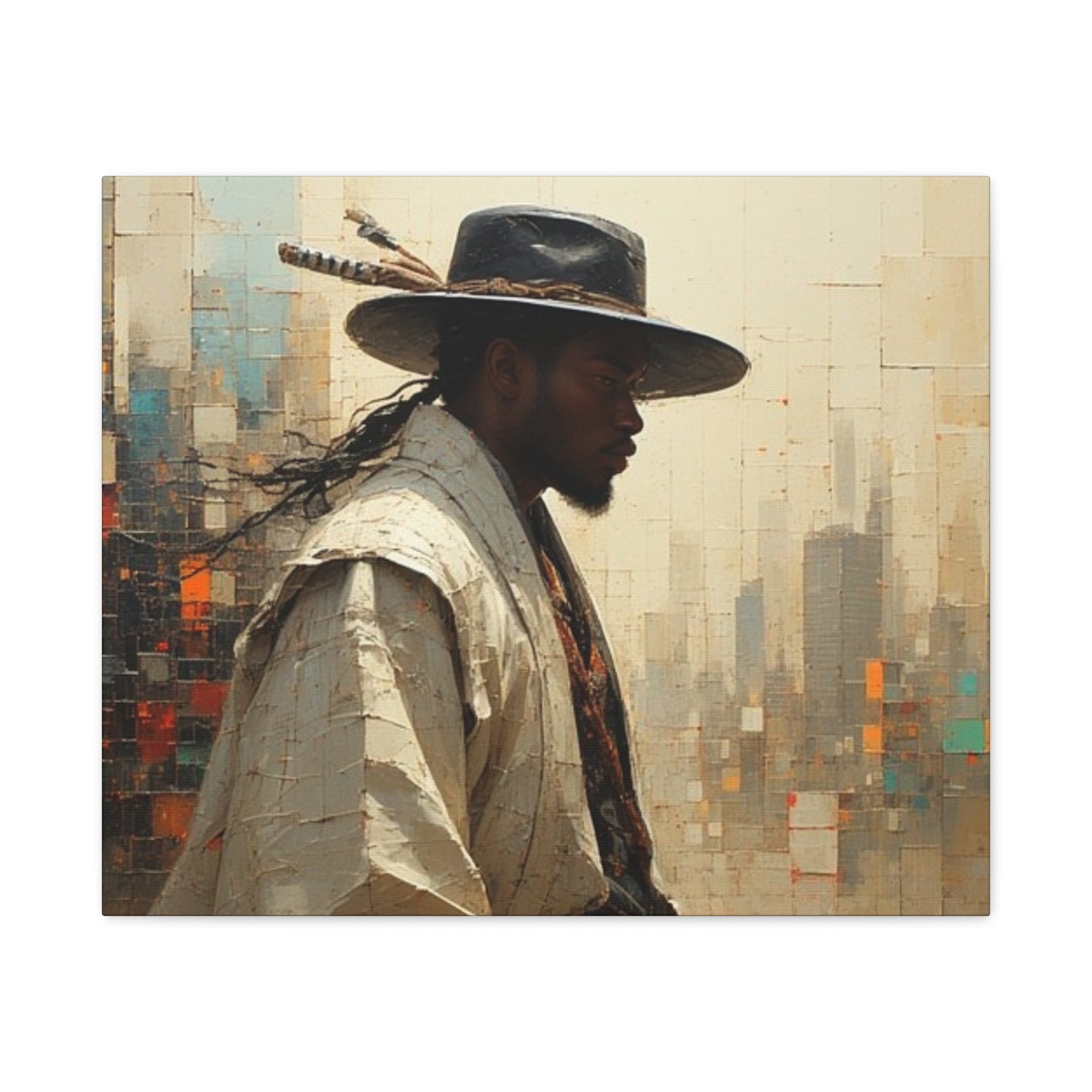 Portrait Canvas Print – Urban Samurai: Afro-American Warrior in a Modern City, Matte Stretched Wall Art