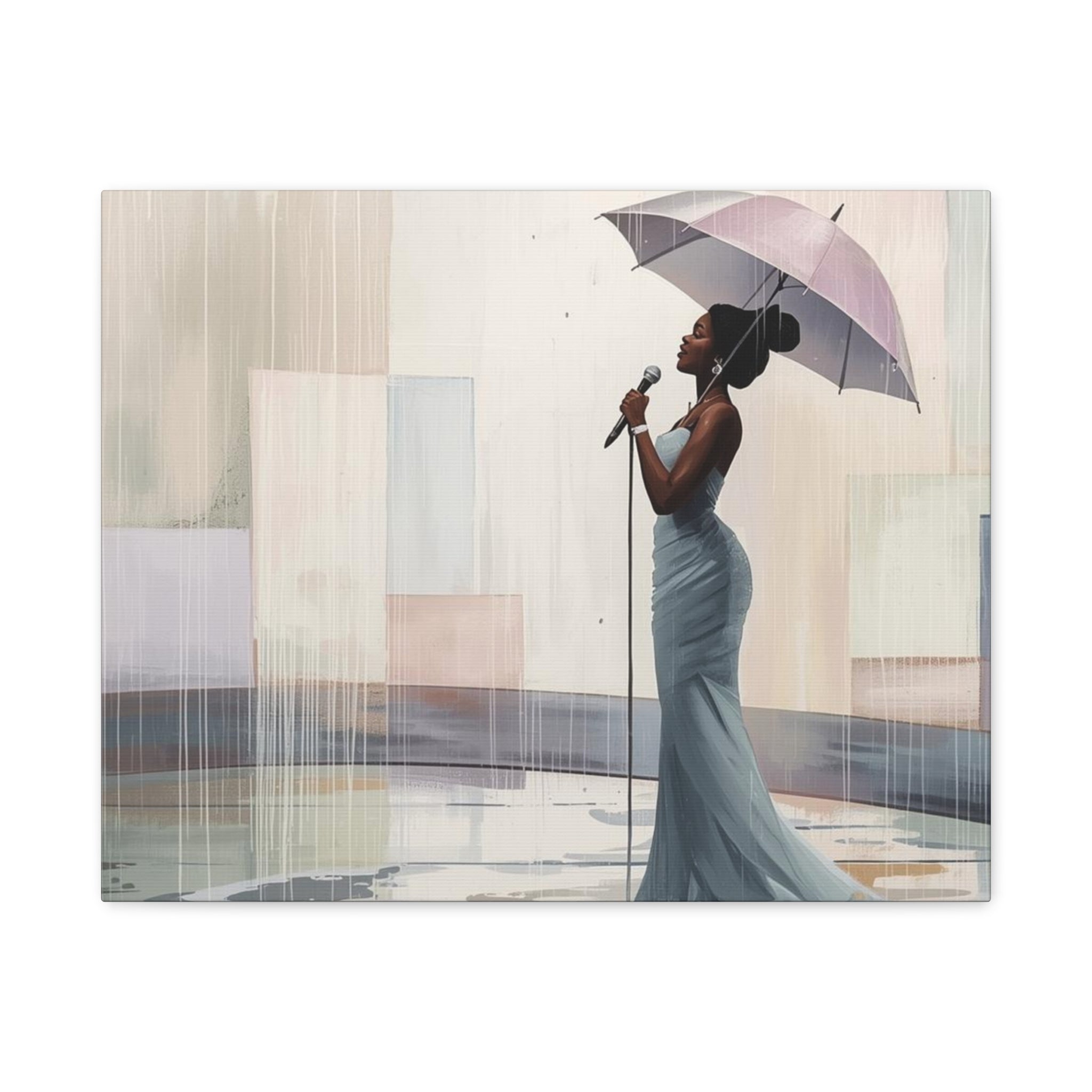 Canvas Print – Soulful Elegance: Singer in Rain with Umbrella, Matte Stretched Wall Art