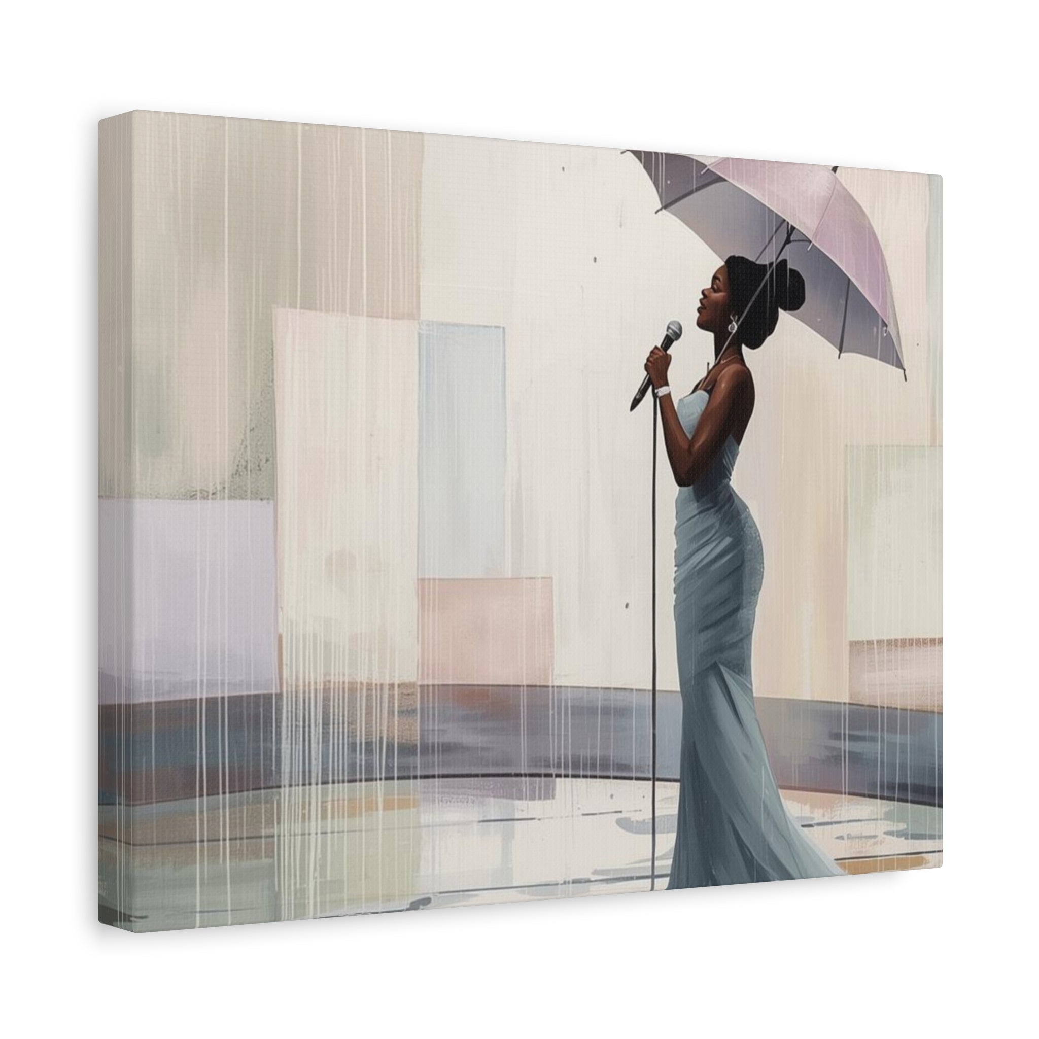 Canvas Print – Soulful Elegance: Singer in Rain with Umbrella, Matte Stretched Wall Art