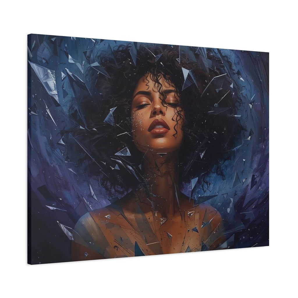Portrait Canvas Print – Shattered Moonlight: Afro-Hispanic Woman in Indigo, Matte Stretched Wall Art