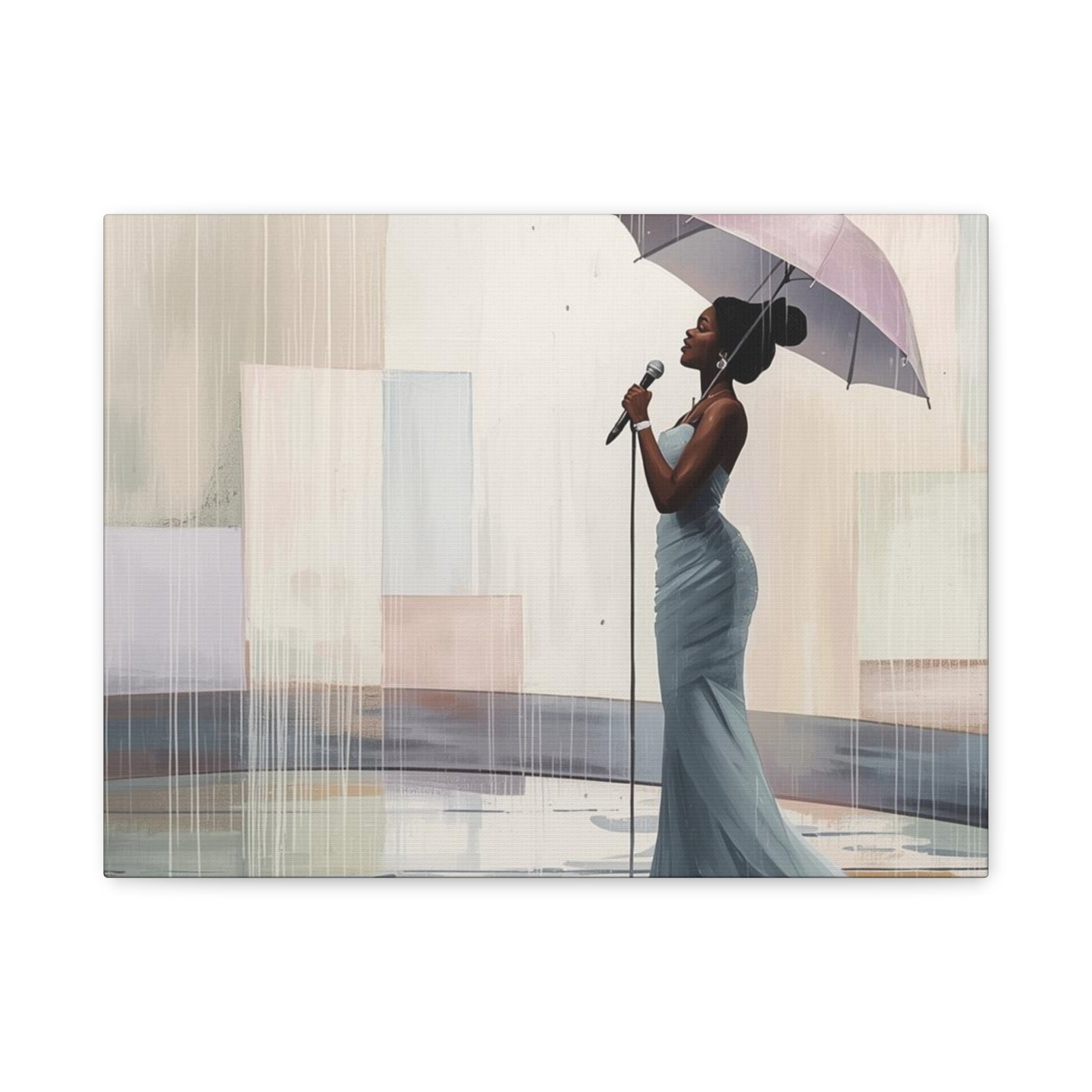 Canvas Print – Soulful Elegance: Singer in Rain with Umbrella, Matte Stretched Wall Art
