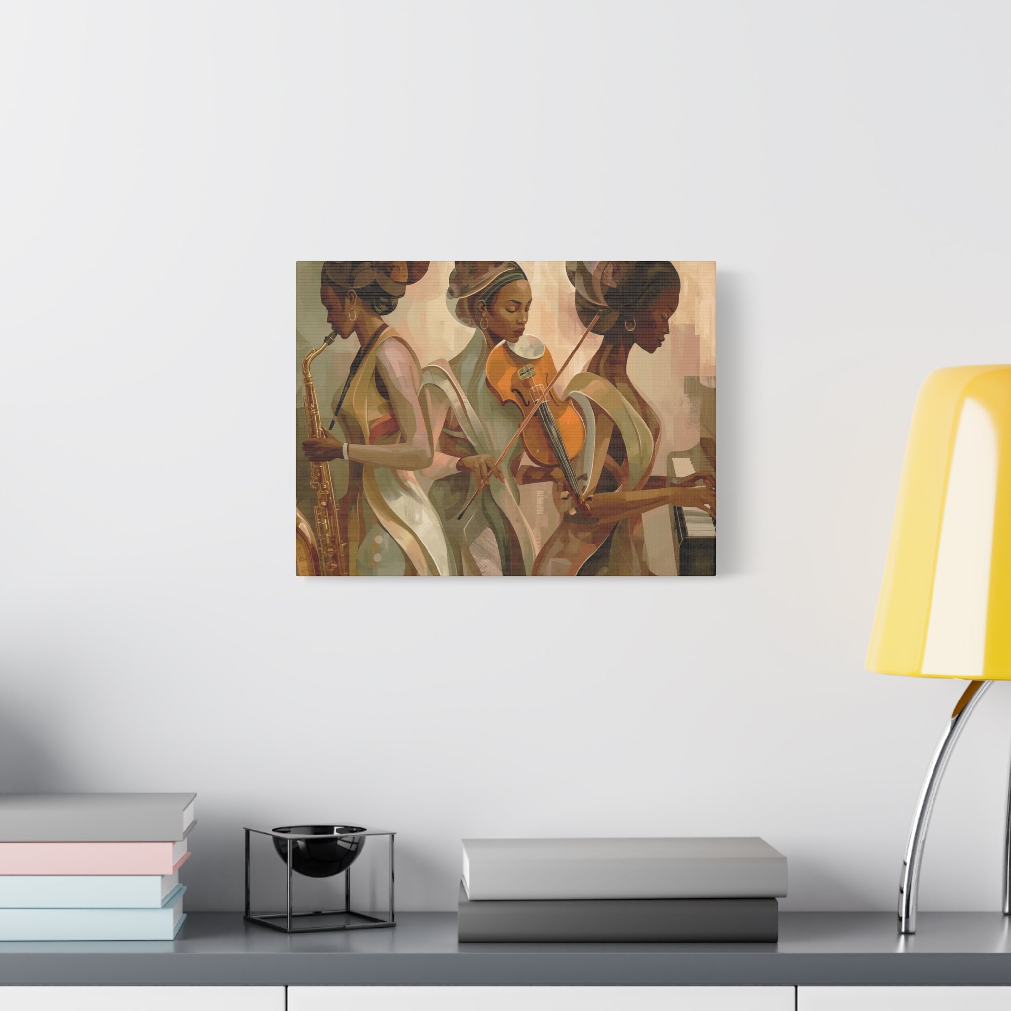 Jazz Trio Canvas Wall Art — Elegant Female Musicians Sax Violin Piano Matte Stretched Print