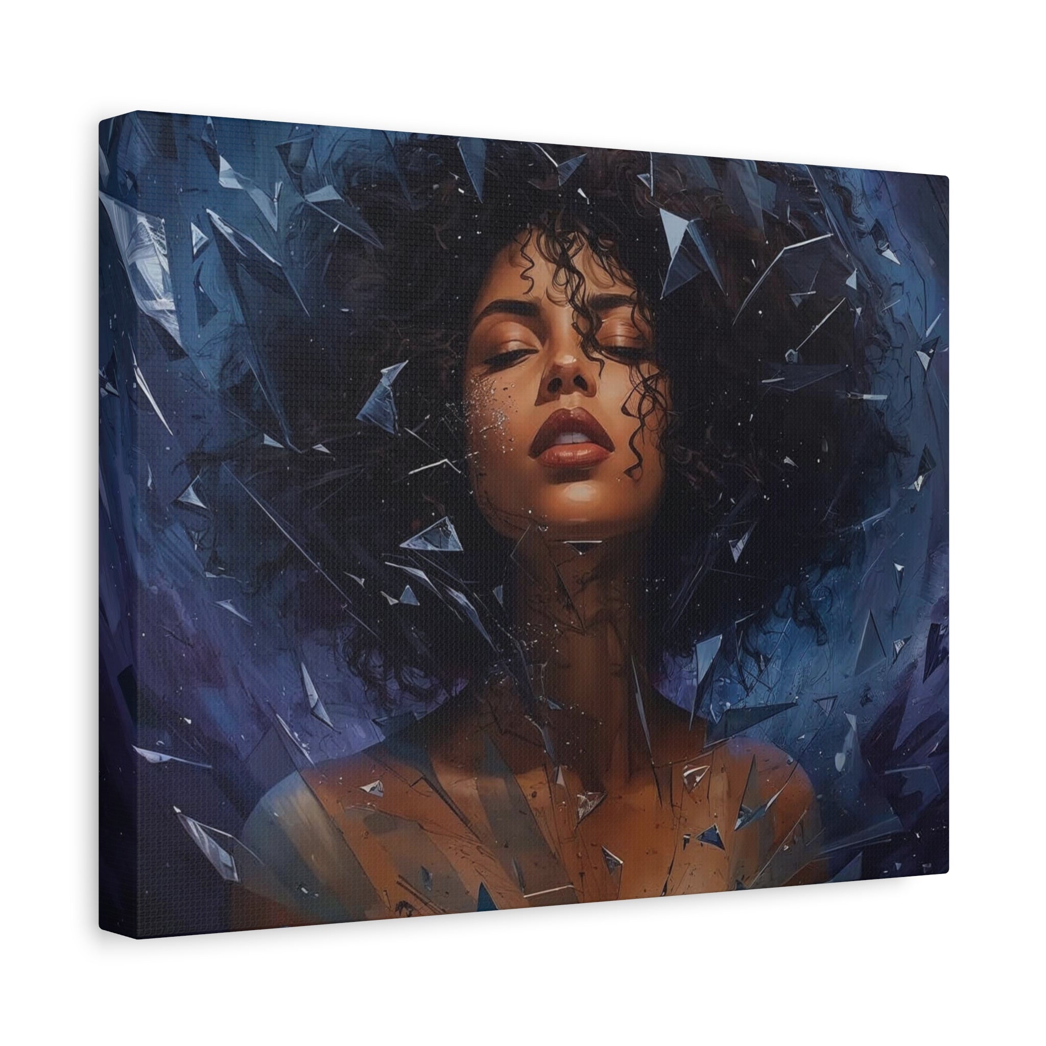 Portrait Canvas Print – Shattered Moonlight: Afro-Hispanic Woman in Indigo, Matte Stretched Wall Art