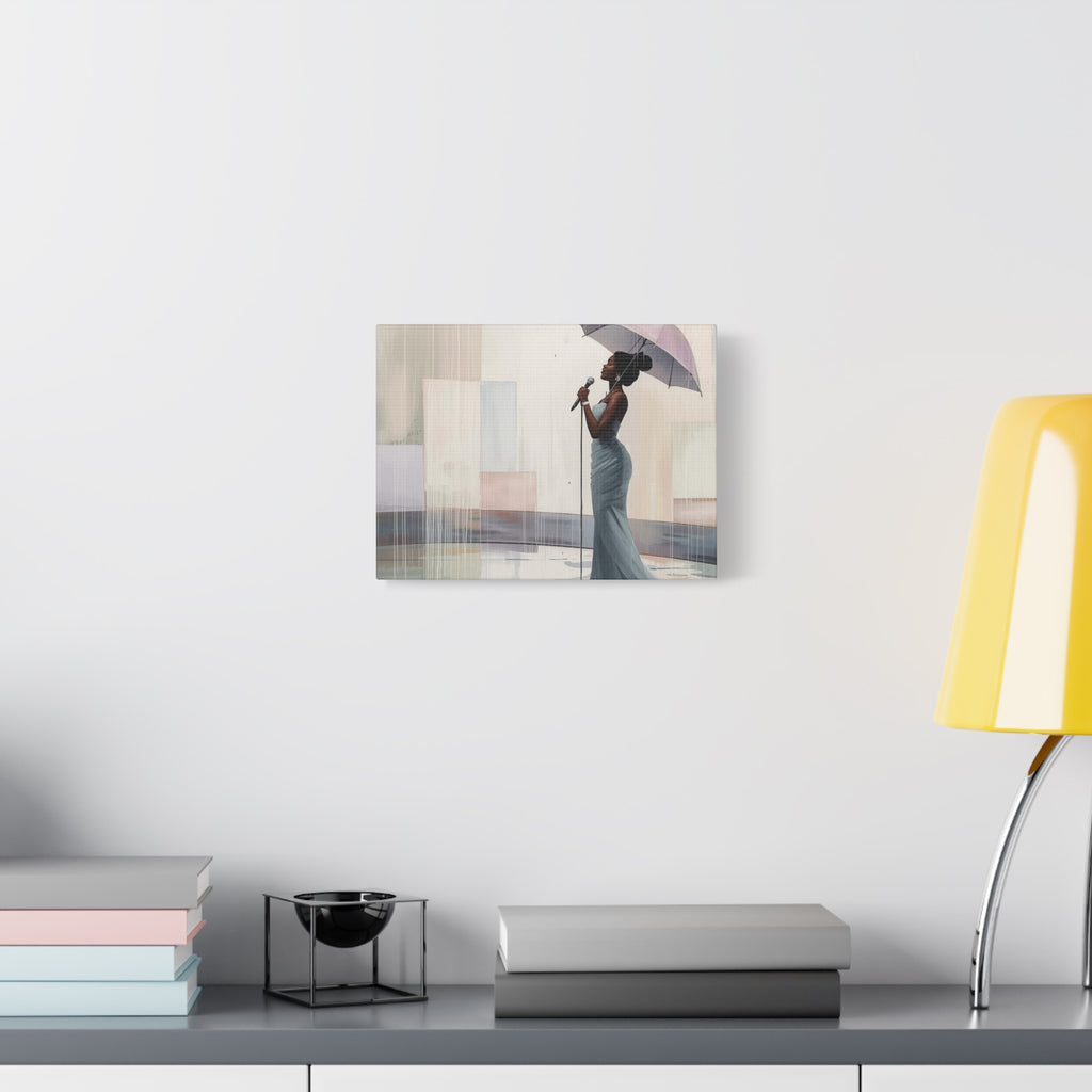 Canvas Print – Soulful Elegance: Singer in Rain with Umbrella, Matte Stretched Wall Art